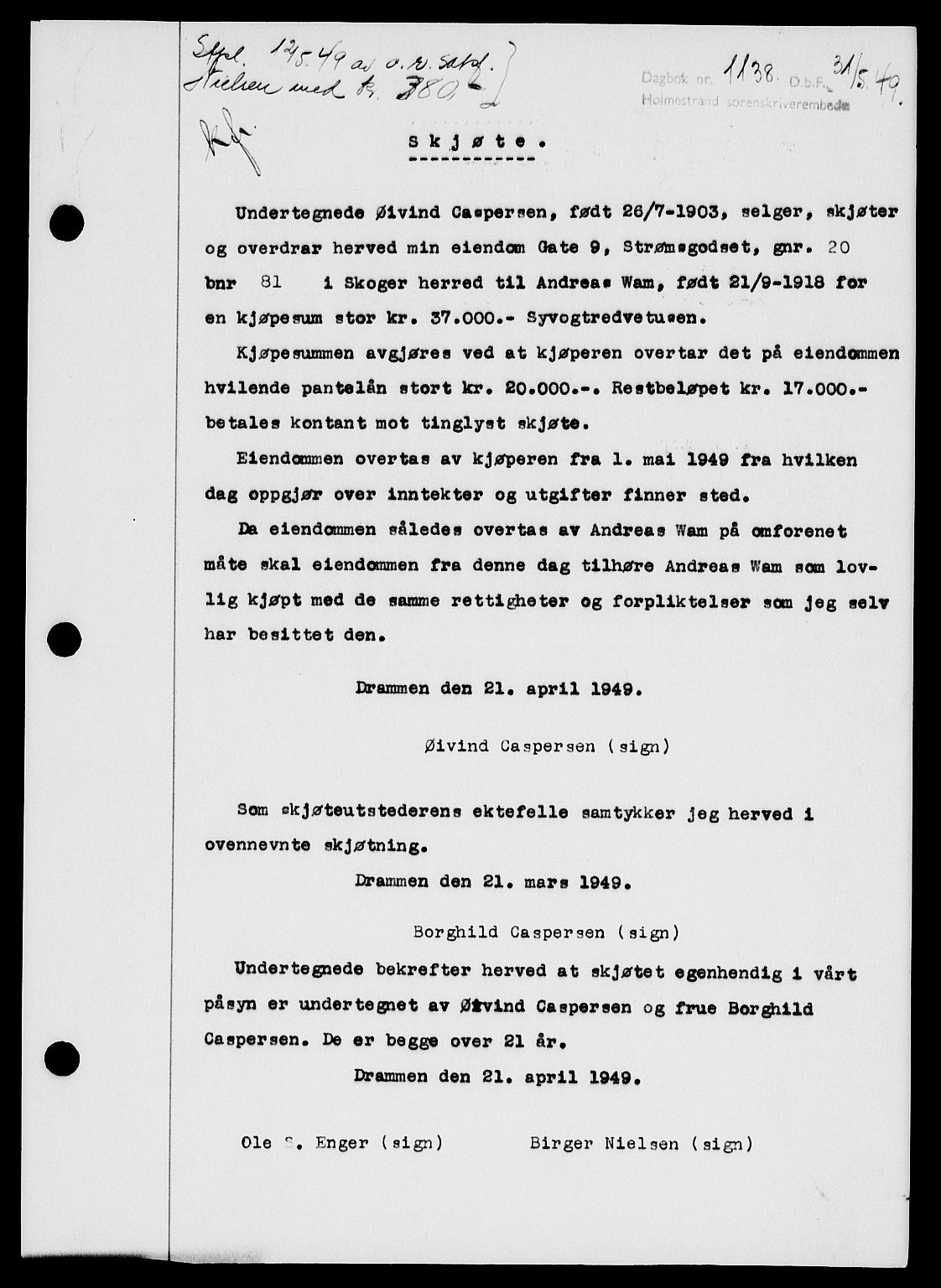 Holmestrand sorenskriveri, SAKO/A-67/G/Ga/Gaa/L0066: Pantebok nr. A-66, 1949-1949, Dagboknr: 1138/1949