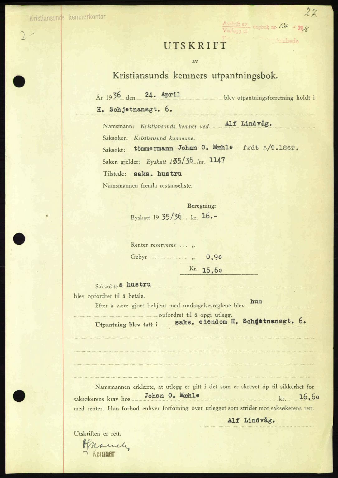 Kristiansund byfogd, AV/SAT-A-4587/A/27: Pantebok nr. 29, 1936-1937, Dagboknr: 326/1936