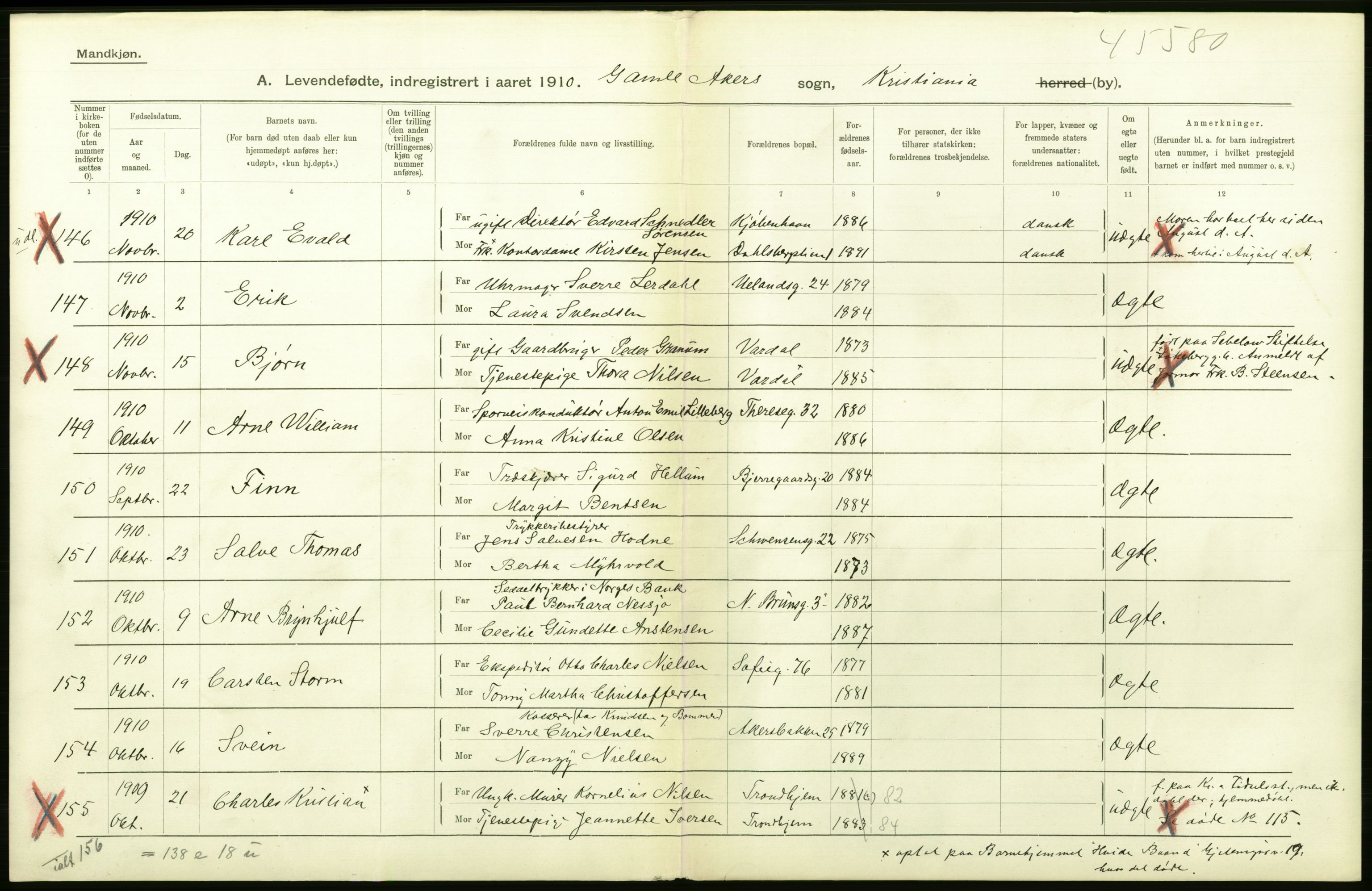 Statistisk sentralbyrå, Sosiodemografiske emner, Befolkning, AV/RA-S-2228/D/Df/Dfa/Dfah/L0006: Kristiania: Levendefødte menn., 1910, s. 610