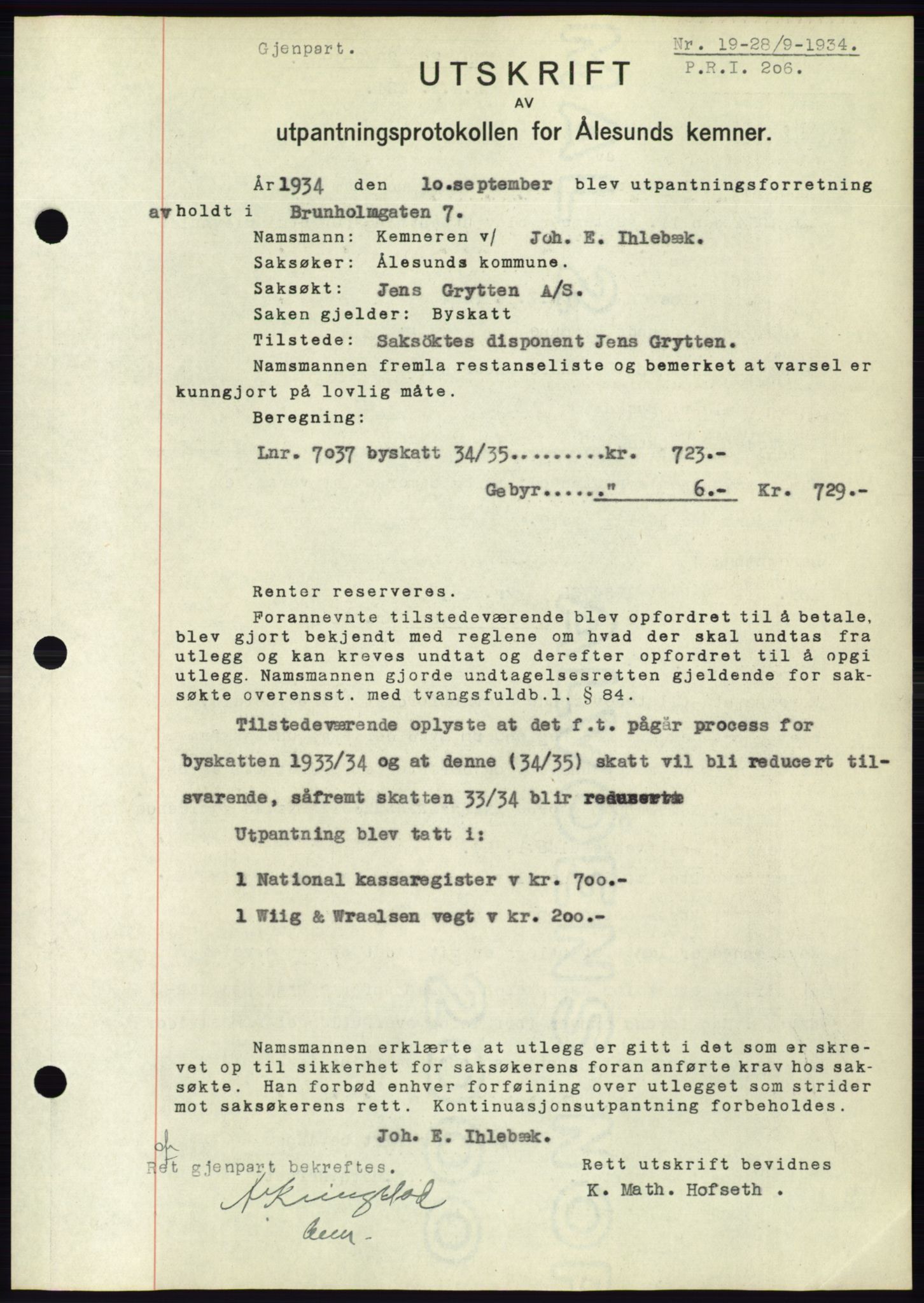 Ålesund byfogd, AV/SAT-A-4384: Pantebok nr. 31, 1933-1934, Tingl.dato: 28.09.1934