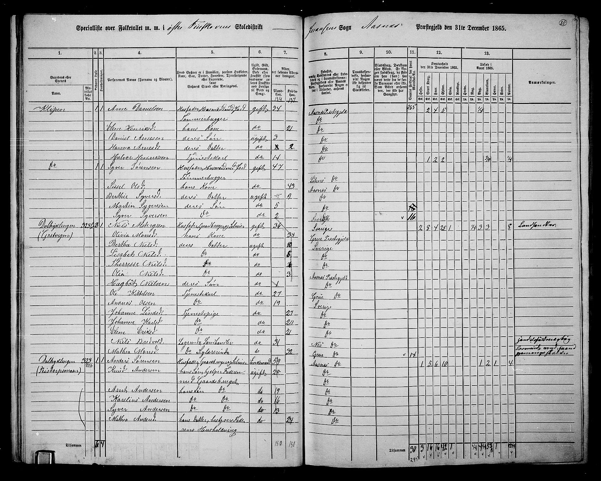 RA, Folketelling 1865 for 0425P Åsnes prestegjeld, 1865, s. 22