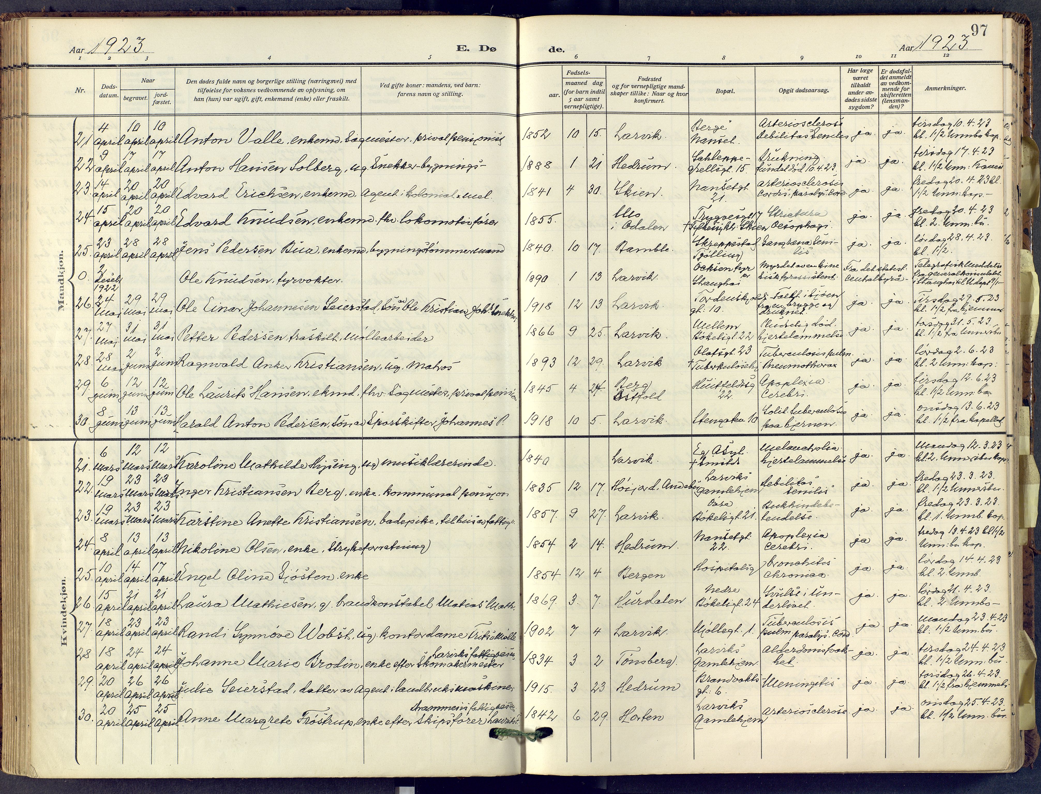 Larvik kirkebøker, AV/SAKO-A-352/F/Fa/L0013: Ministerialbok nr. I 13, 1910-1960, s. 97