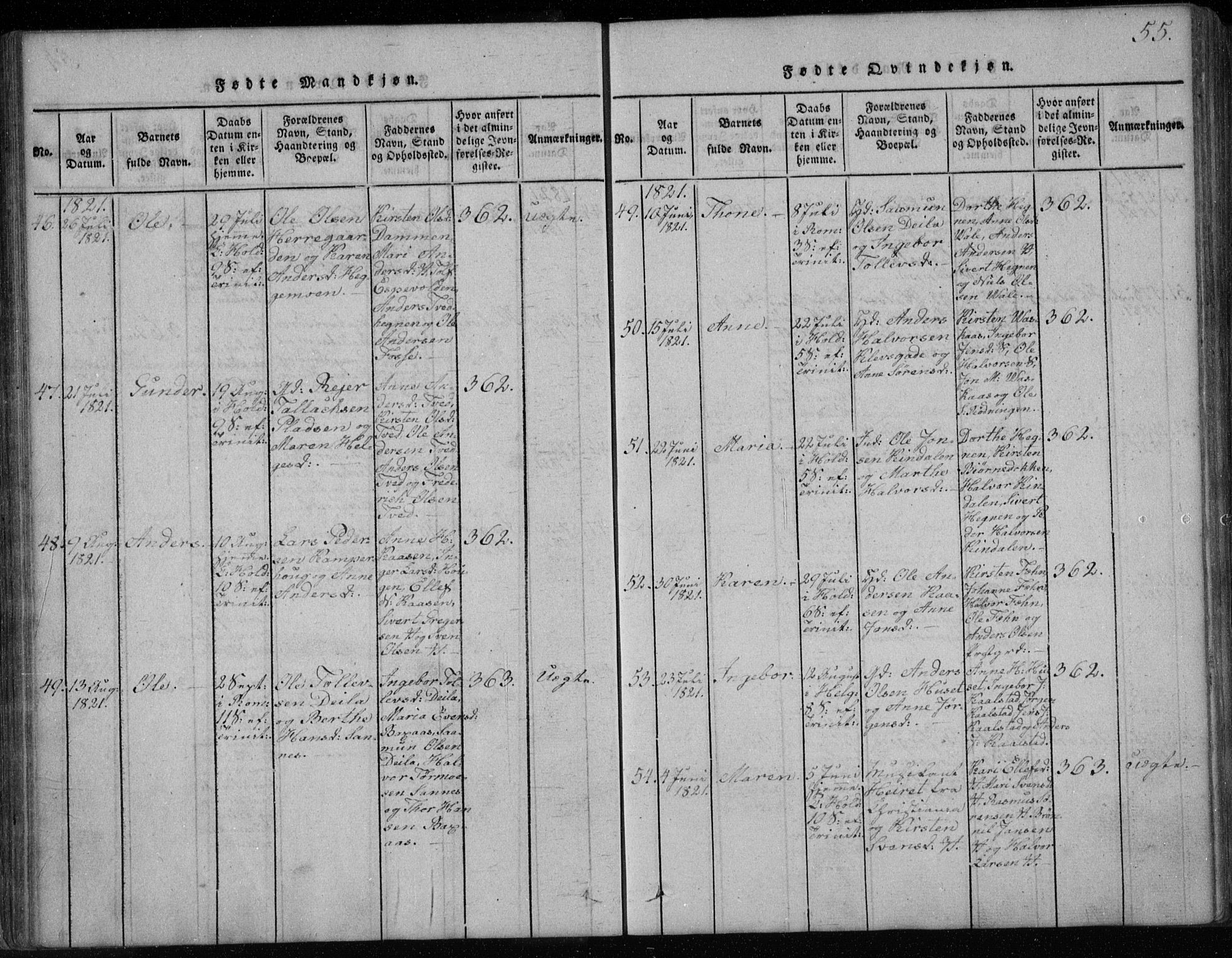 Holla kirkebøker, AV/SAKO-A-272/F/Fa/L0003: Ministerialbok nr. 3, 1815-1830, s. 55