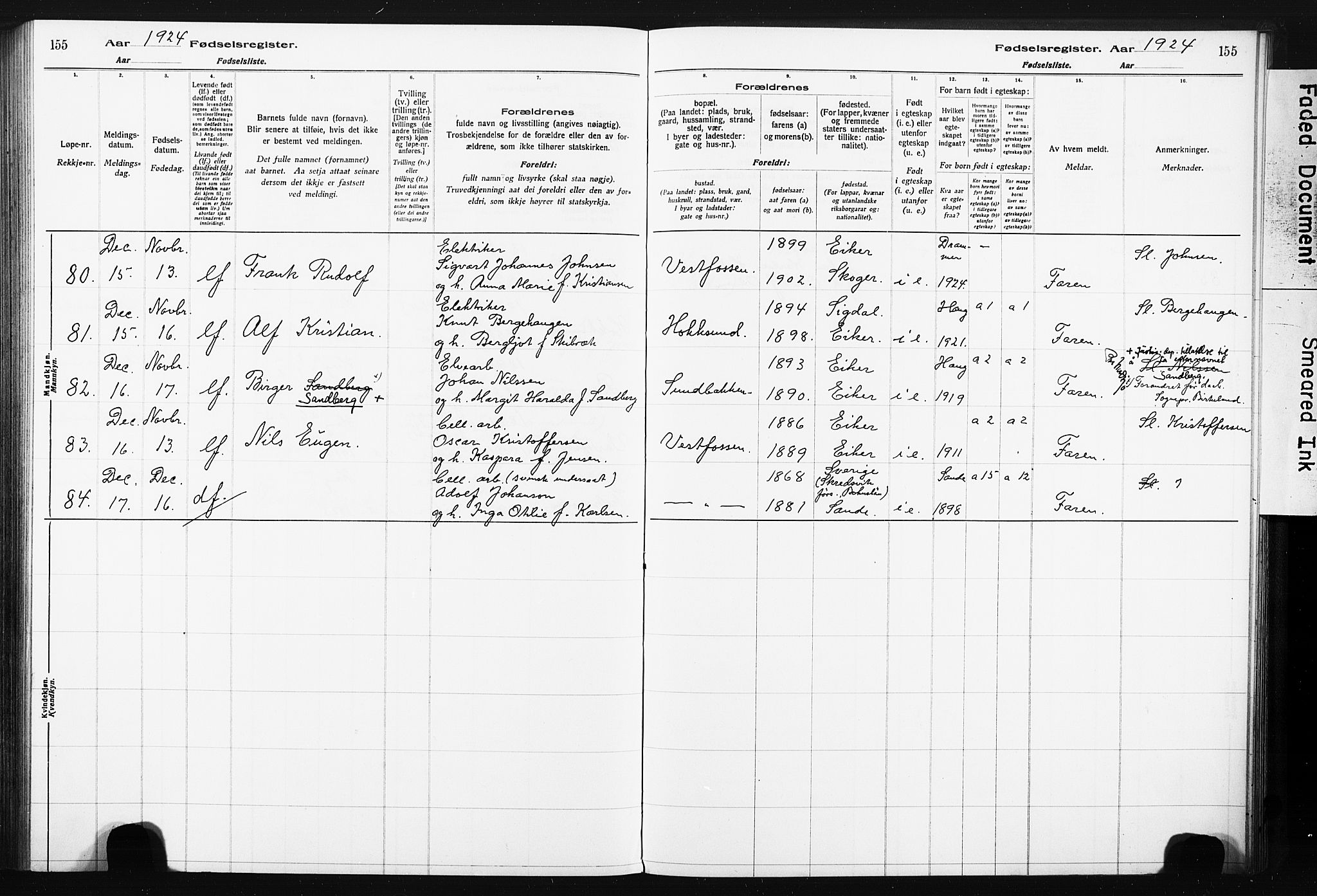 Eiker kirkebøker, AV/SAKO-A-4/J/Ja/L0001: Fødselsregister nr. I 1, 1916-1927, s. 155