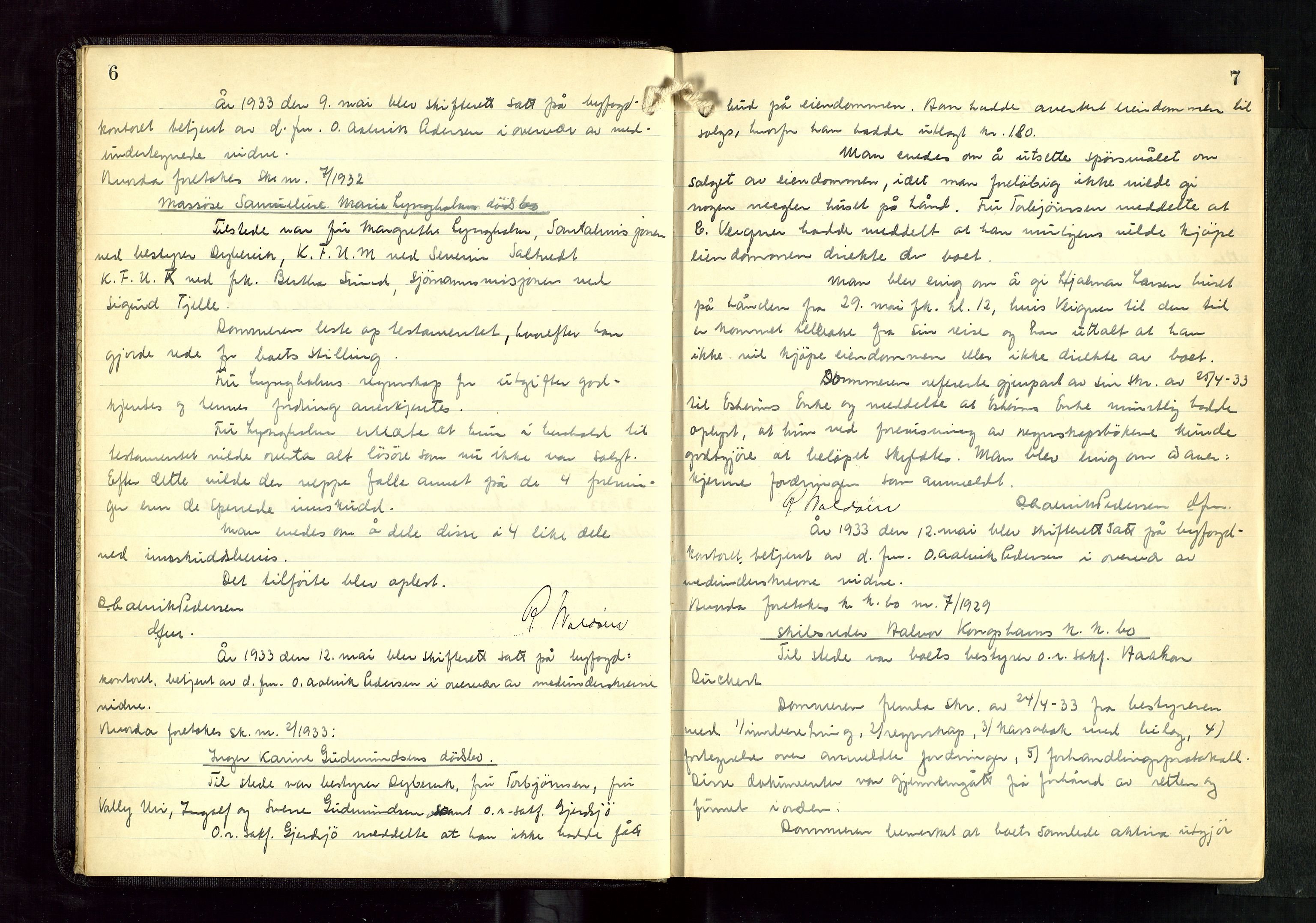 Haugesund tingrett, AV/SAST-A-101415/01/IV/IVC/L0007: Skifteforhandlingsprotokoll, med register, 1933-1939, s. 6-7