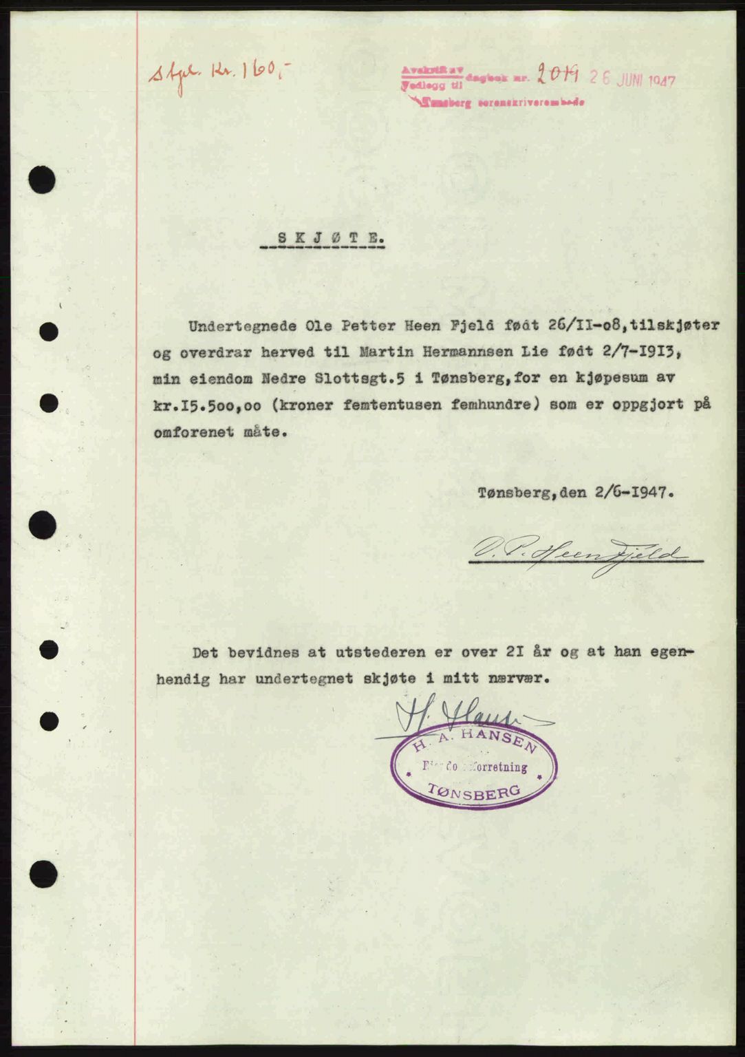 Tønsberg sorenskriveri, SAKO/A-130/G/Ga/Gaa/L0022: Pantebok nr. A22, 1947-1947, Dagboknr: 2019/1947
