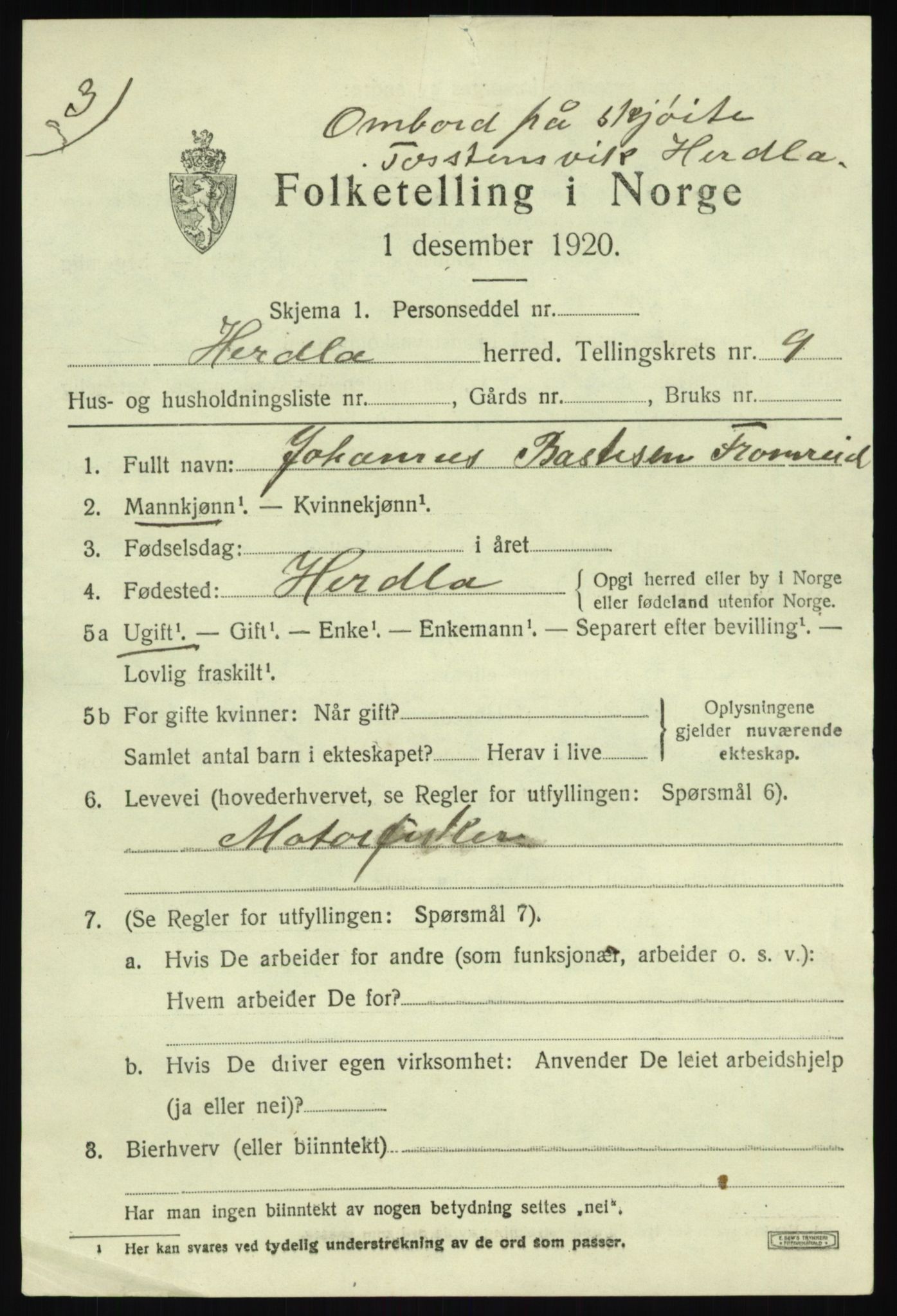 SAB, Folketelling 1920 for 1258 Herdla herred, 1920, s. 7187