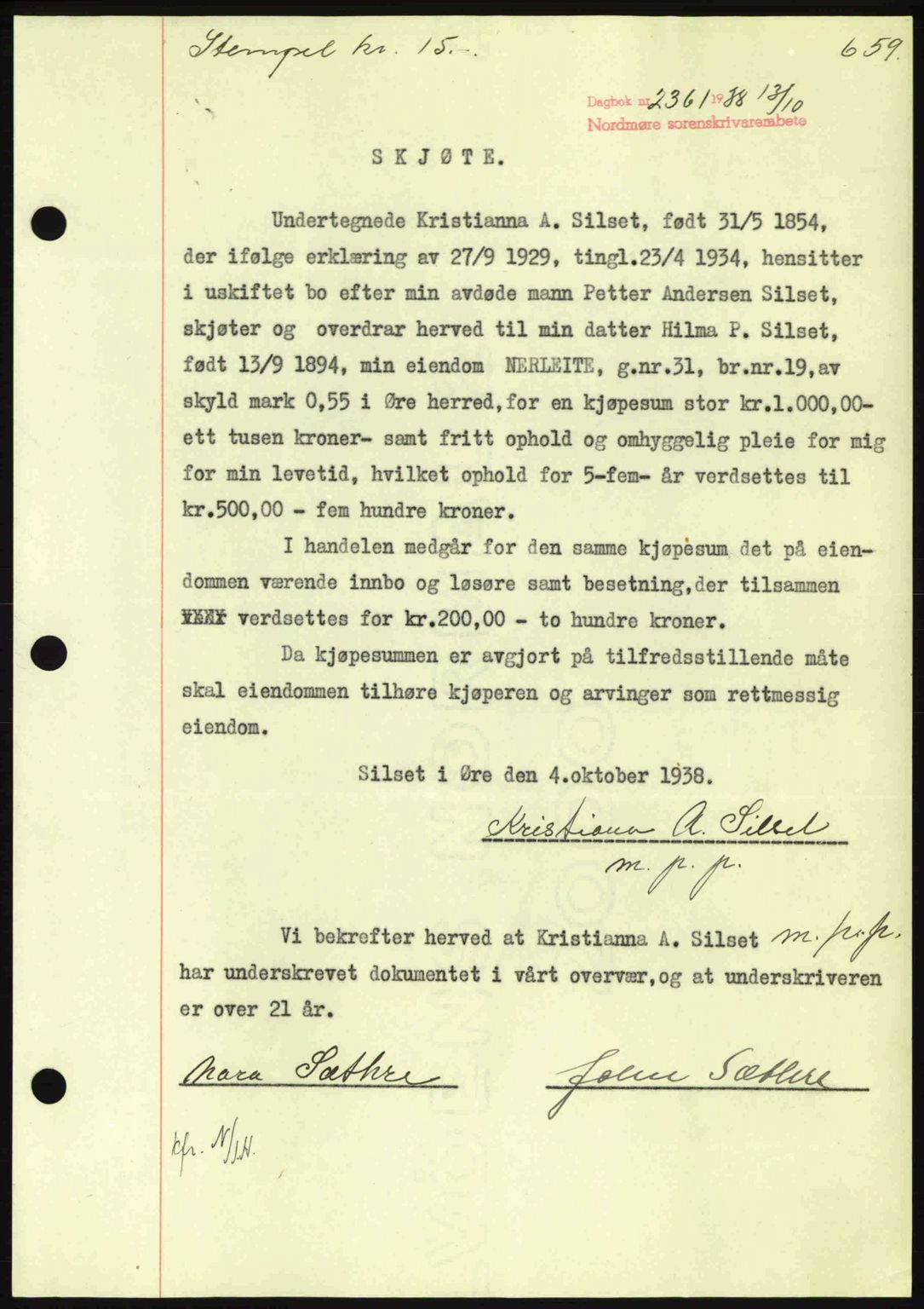 Nordmøre sorenskriveri, SAT/A-4132/1/2/2Ca: Pantebok nr. A84, 1938-1938, Dagboknr: 2361/1938