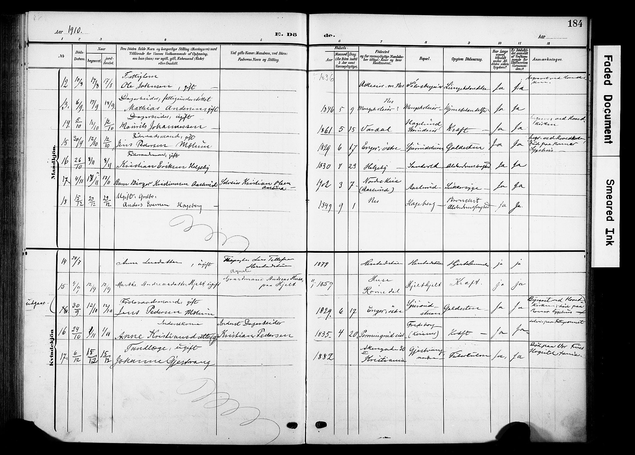 Nes prestekontor, Hedmark, SAH/PREST-020/K/Ka/L0013: Ministerialbok nr. 13, 1906-1924, s. 184