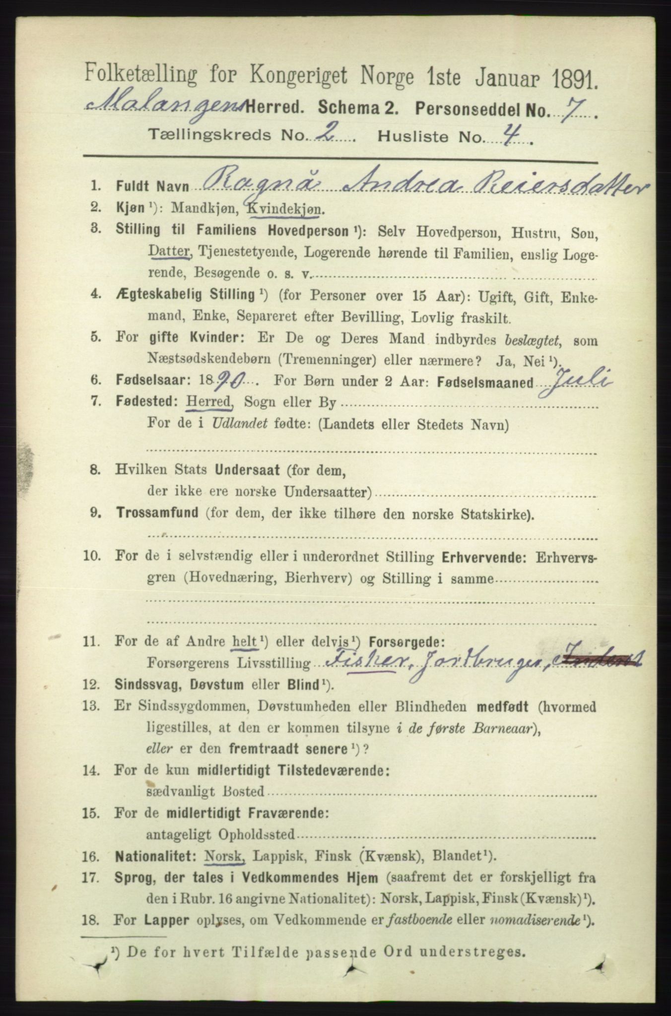 RA, Folketelling 1891 for 1932 Malangen herred, 1891, s. 479