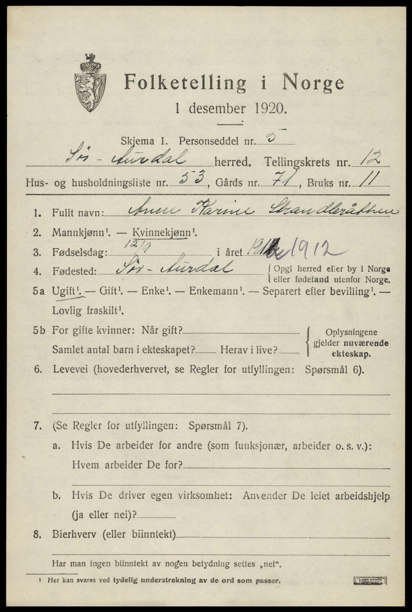 SAH, Folketelling 1920 for 0540 Sør-Aurdal herred, 1920, s. 7471