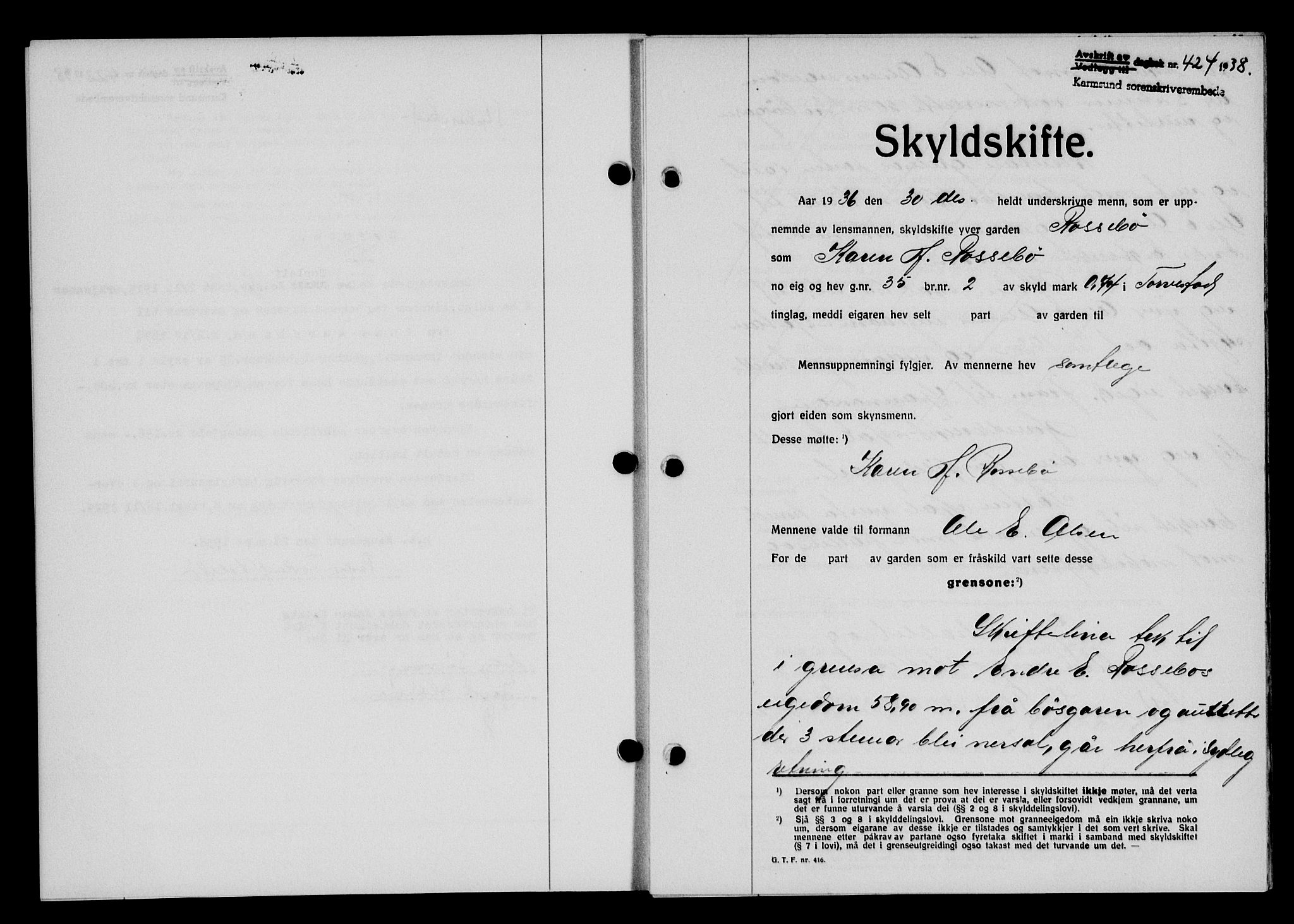 Karmsund sorenskriveri, SAST/A-100311/01/II/IIB/L0069: Pantebok nr. 50A, 1937-1938, Dagboknr: 424/1938