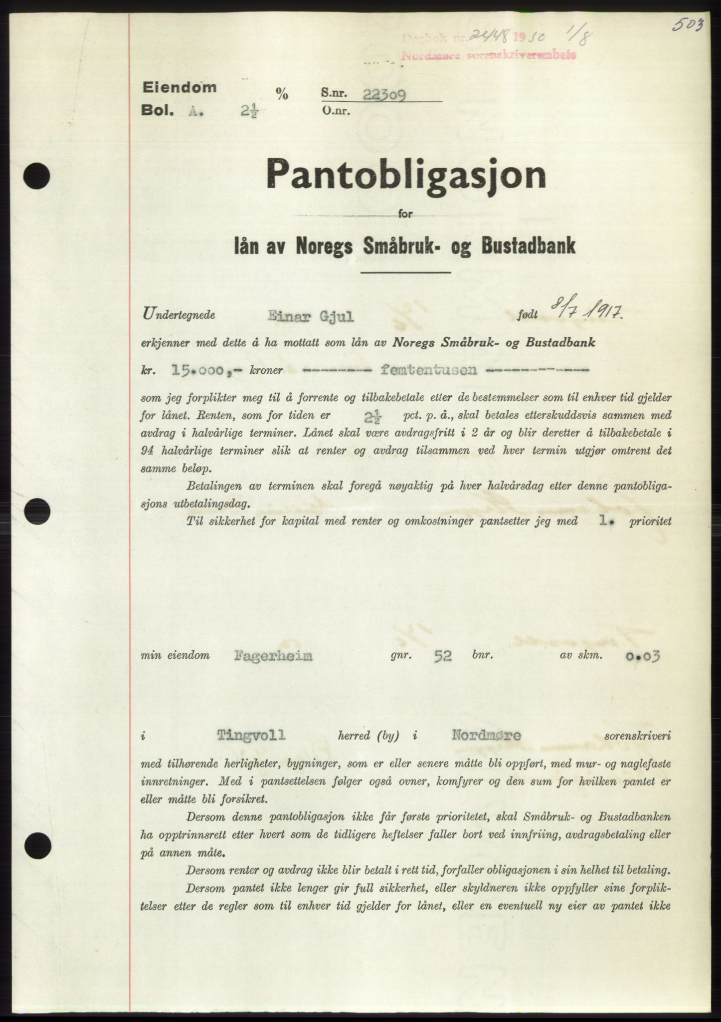 Nordmøre sorenskriveri, AV/SAT-A-4132/1/2/2Ca: Pantebok nr. B105, 1950-1950, Dagboknr: 2448/1950