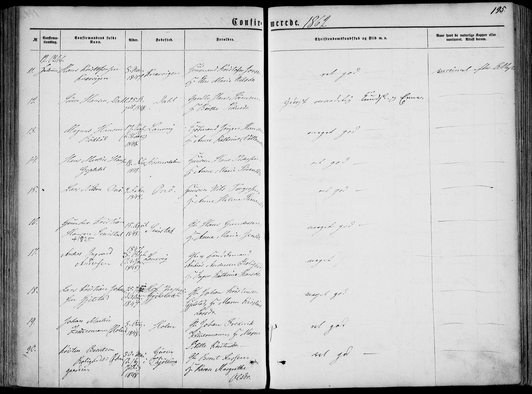 Hedrum kirkebøker, AV/SAKO-A-344/F/Fa/L0007: Ministerialbok nr. I 7, 1857-1868, s. 195
