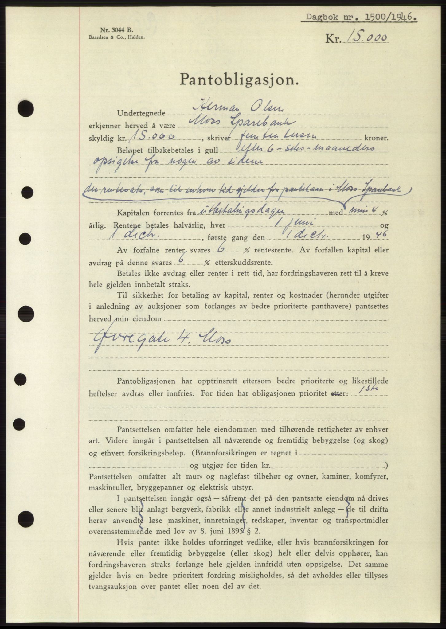 Moss sorenskriveri, SAO/A-10168: Pantebok nr. B15, 1946-1946, Dagboknr: 1500/1946