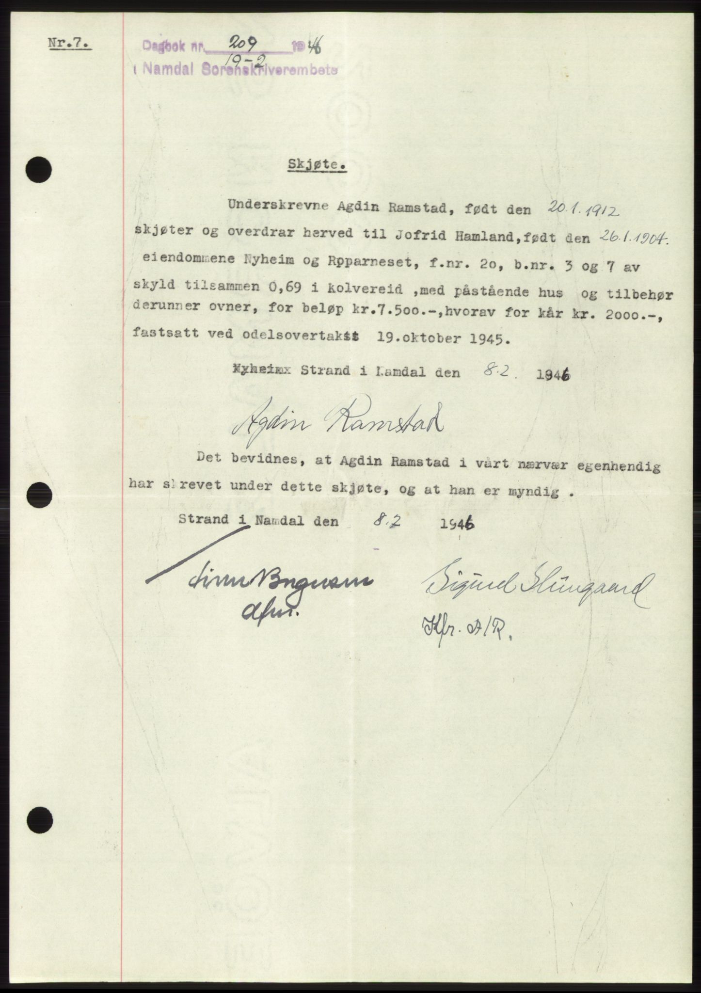 Namdal sorenskriveri, SAT/A-4133/1/2/2C: Pantebok nr. -, 1947-1948, Dagboknr: 209/1948