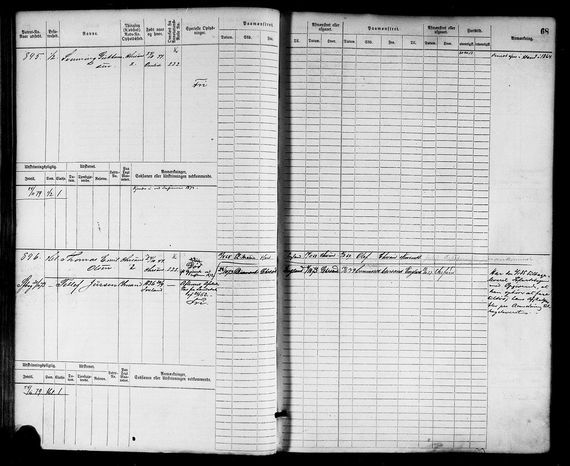 Kristiansand mønstringskrets, AV/SAK-2031-0015/F/Fb/L0004: Hovedrulle nr 763-1521, I-11, 1868-1915, s. 71