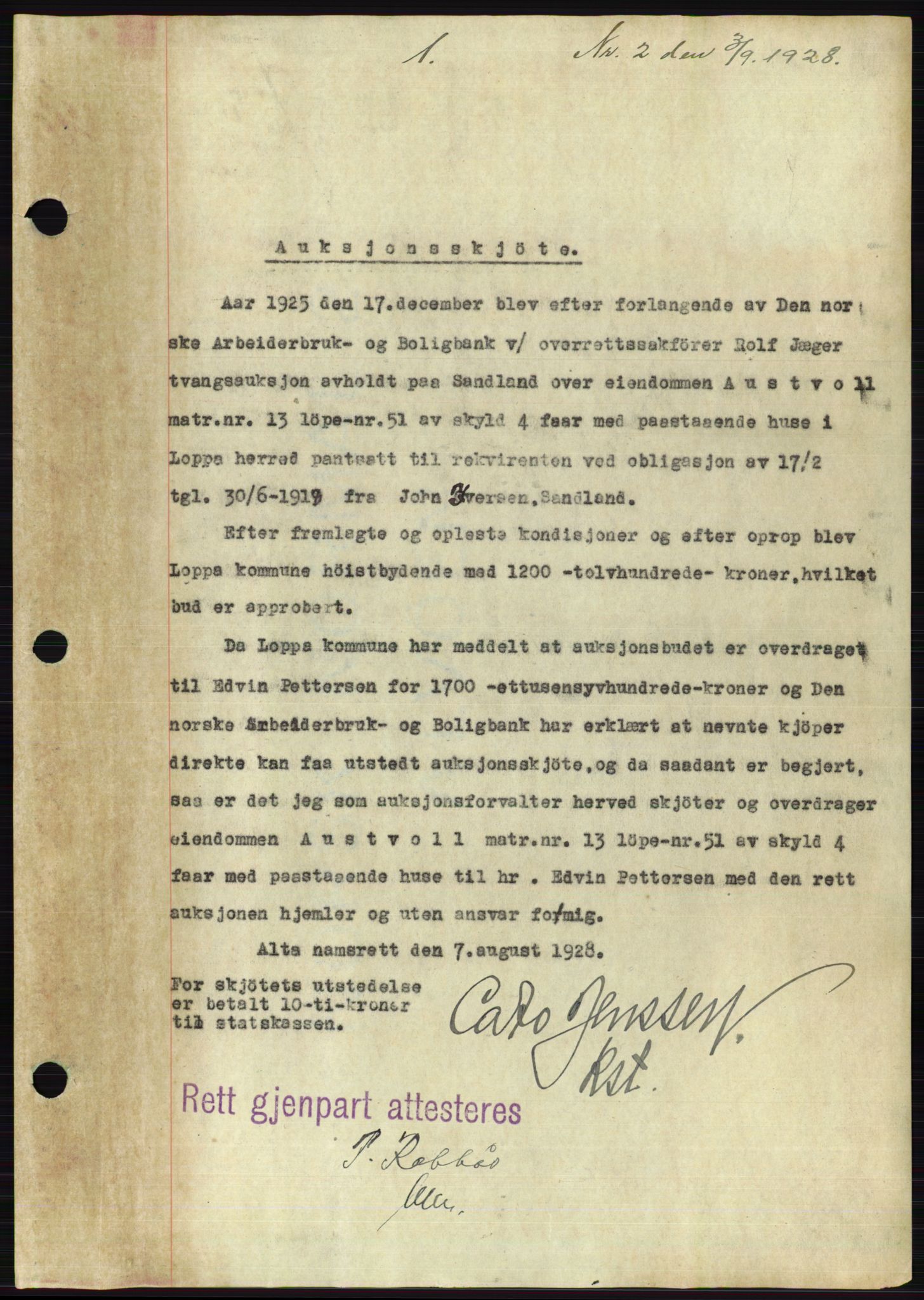 Alta fogderi/sorenskriveri, SATØ/SATØ-5/1/K/Kd/L0025pantebok: Pantebok nr. 25, 1928-1930, s. 1