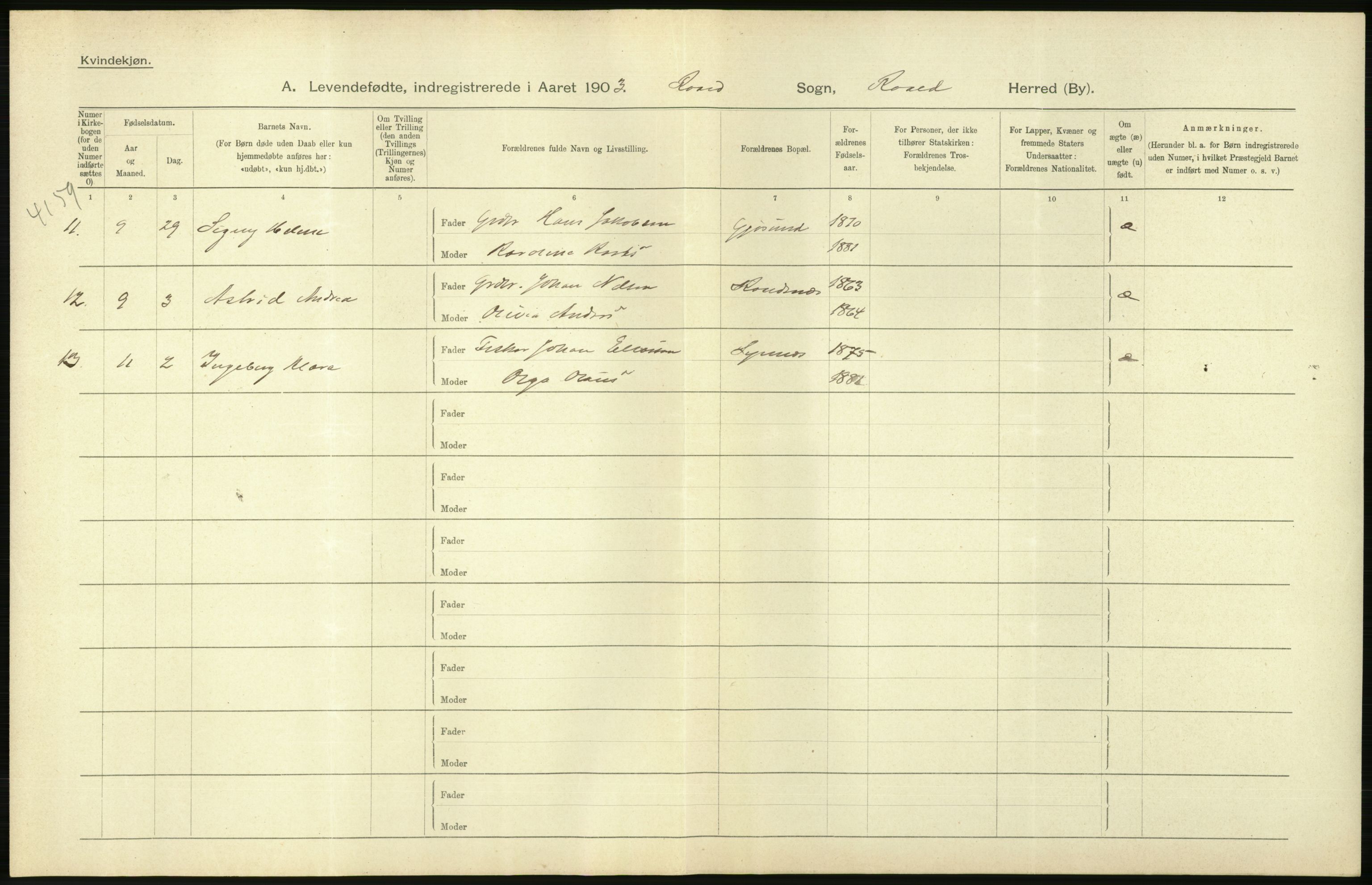 Statistisk sentralbyrå, Sosiodemografiske emner, Befolkning, RA/S-2228/D/Df/Dfa/Dfaa/L0016: Romsdal amt: Fødte, gifte, døde., 1903, s. 16