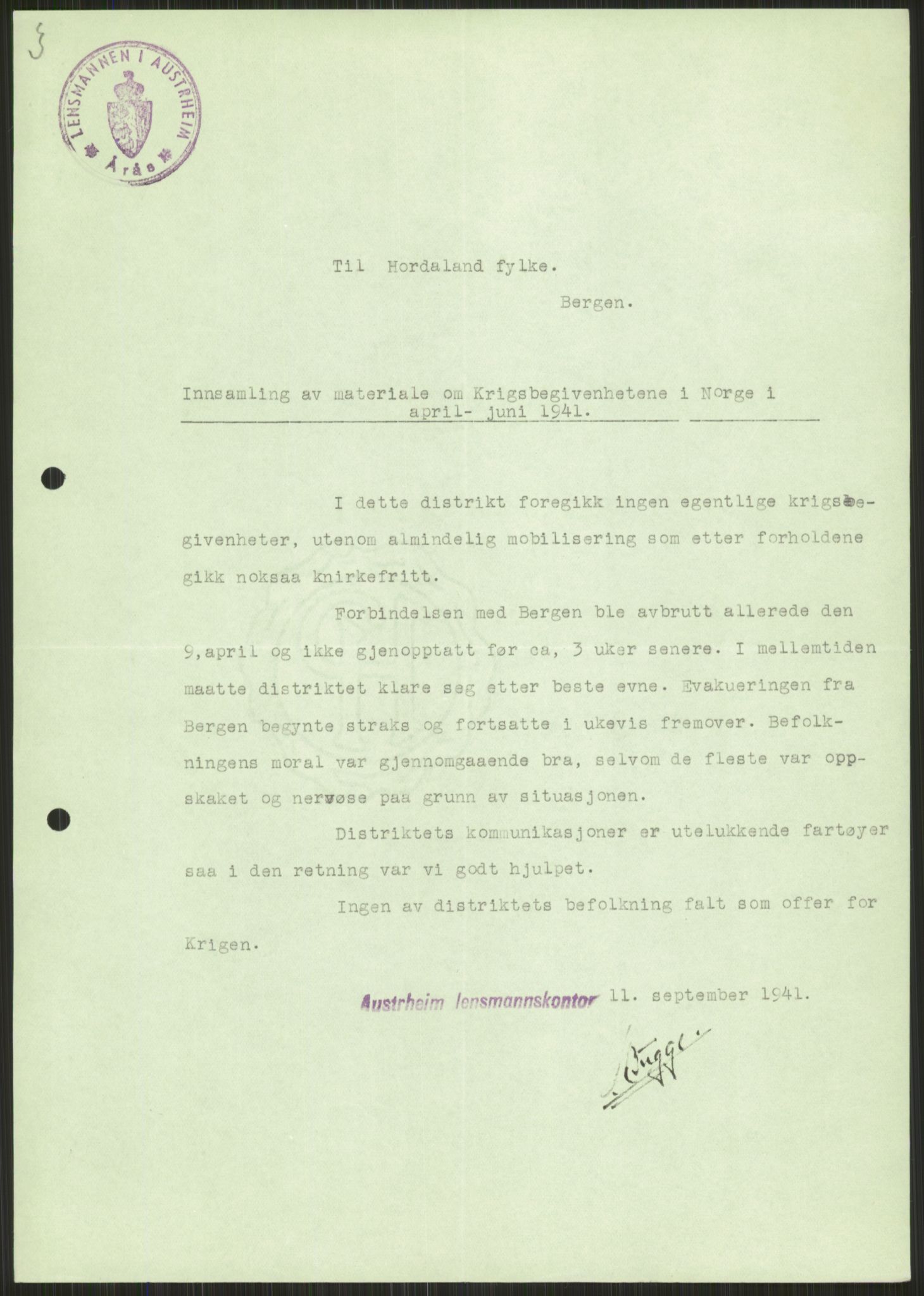 Forsvaret, Forsvarets krigshistoriske avdeling, AV/RA-RAFA-2017/Y/Ya/L0015: II-C-11-31 - Fylkesmenn.  Rapporter om krigsbegivenhetene 1940., 1940, s. 217