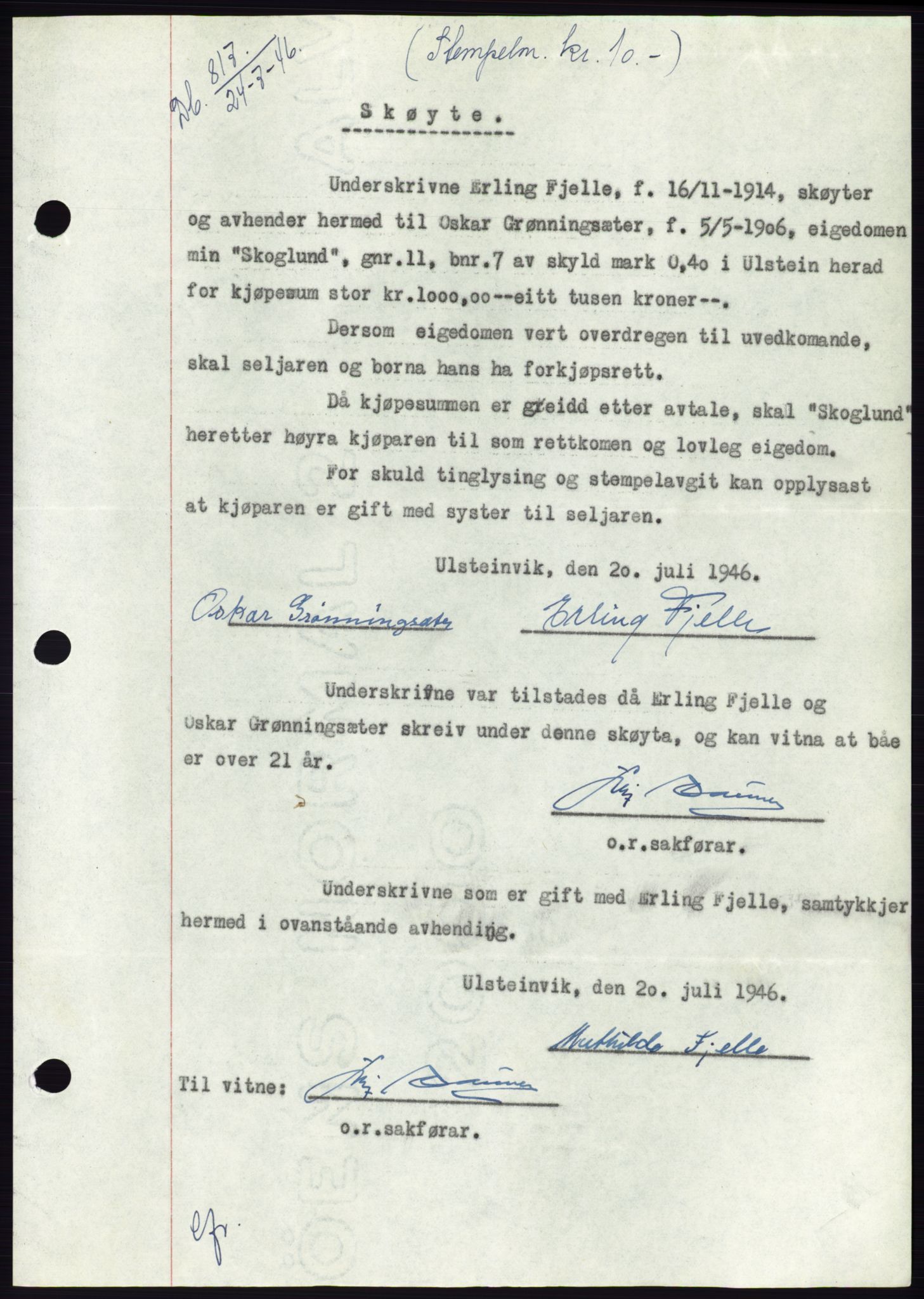Søre Sunnmøre sorenskriveri, SAT/A-4122/1/2/2C/L0078: Pantebok nr. 4A, 1946-1946, Dagboknr: 817/1946