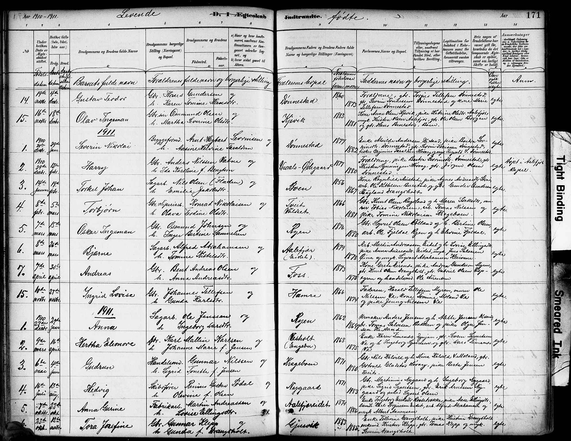 Tveit sokneprestkontor, AV/SAK-1111-0043/F/Fb/L0004: Klokkerbok nr. B 4, 1887-1914, s. 171