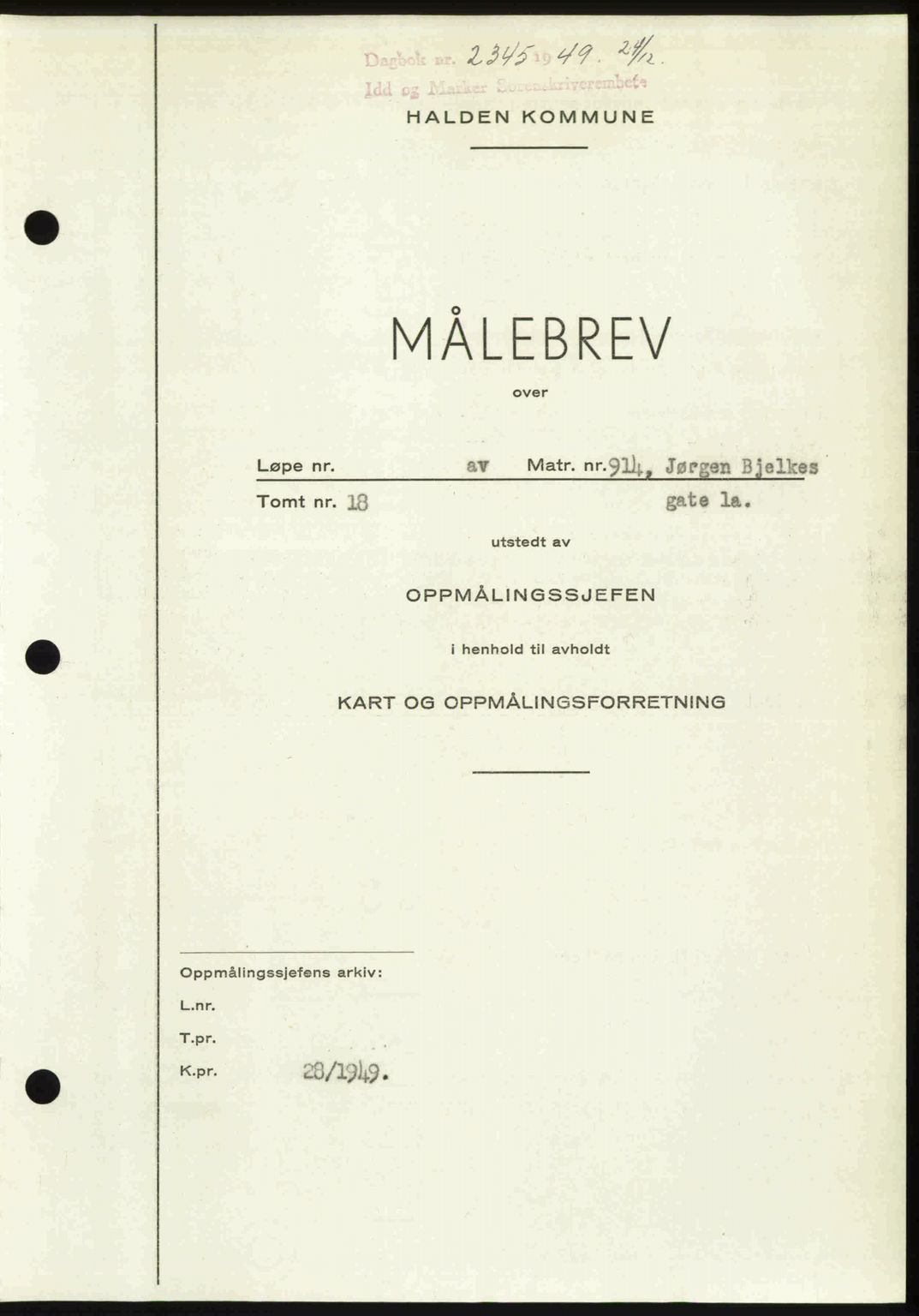 Idd og Marker sorenskriveri, SAO/A-10283/G/Gb/Gbb/L0013: Pantebok nr. A13, 1949-1950, Dagboknr: 2345/1949