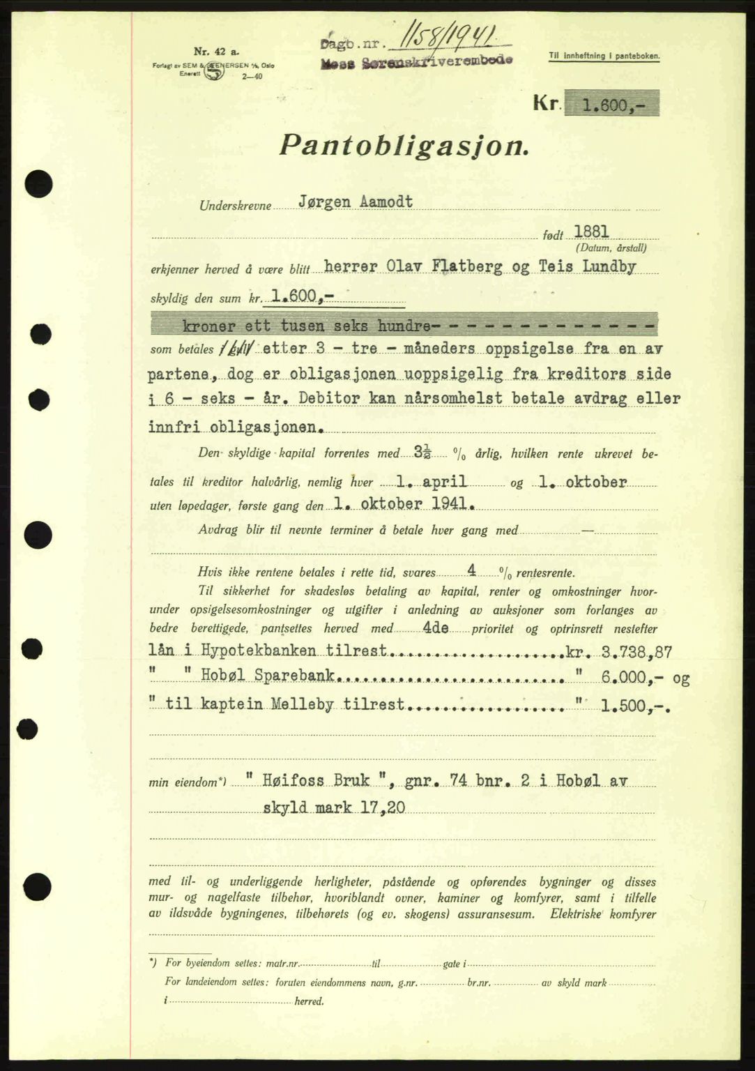 Moss sorenskriveri, SAO/A-10168: Pantebok nr. B10, 1940-1941, Dagboknr: 1158/1941