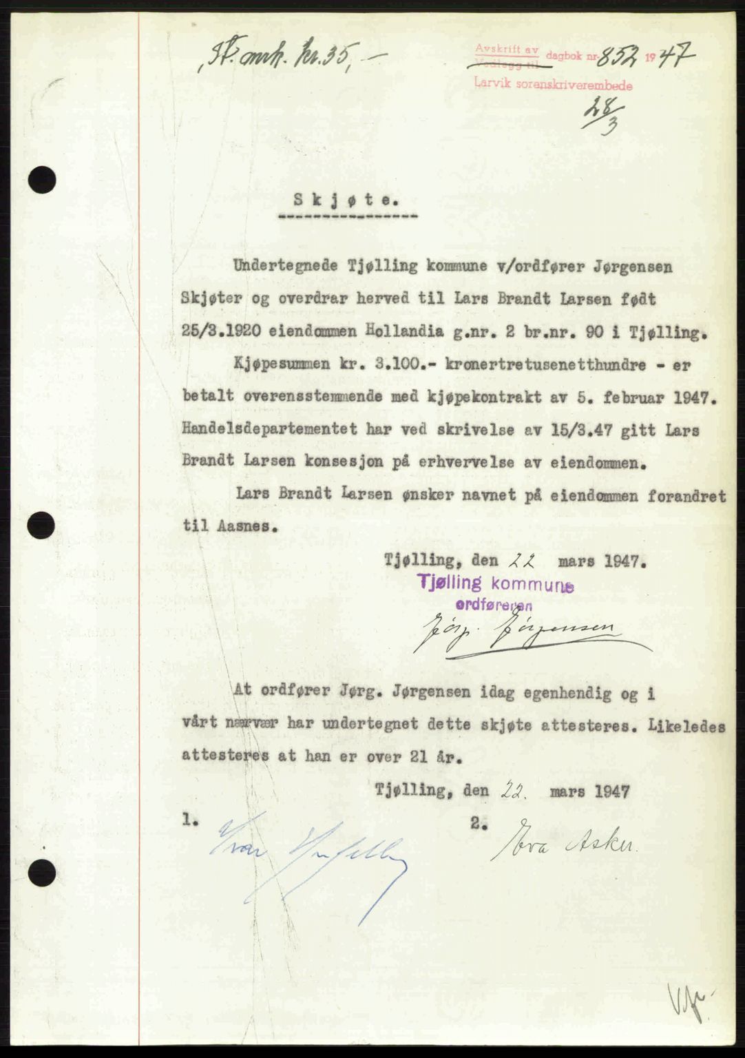 Larvik sorenskriveri, SAKO/A-83/G/Ga/Gab/L0083: Pantebok nr. A-17, 1946-1947, Dagboknr: 852/1947