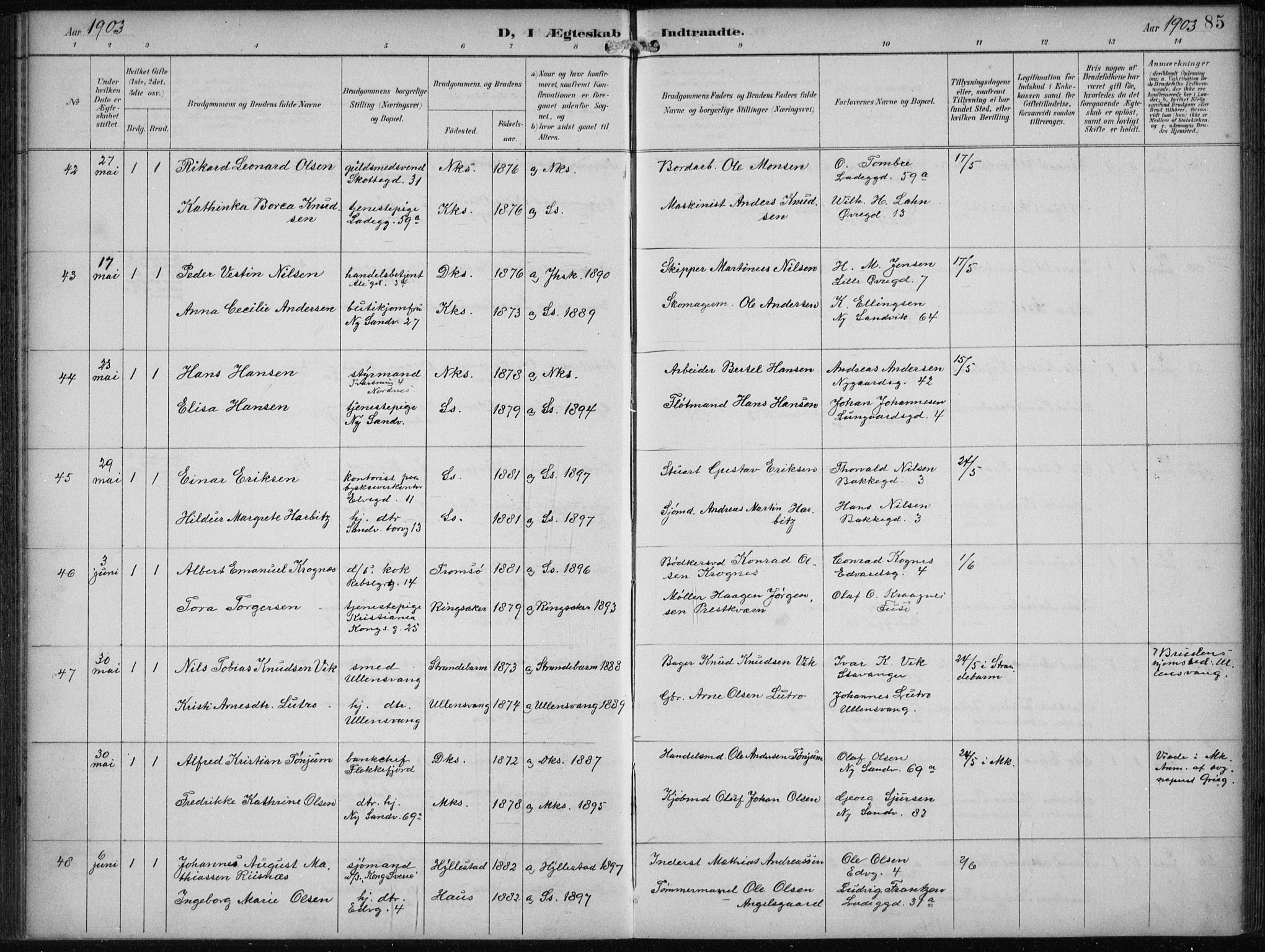 Sandviken Sokneprestembete, AV/SAB-A-77601/H/Ha/L0014: Ministerialbok nr. D 1, 1896-1911, s. 85