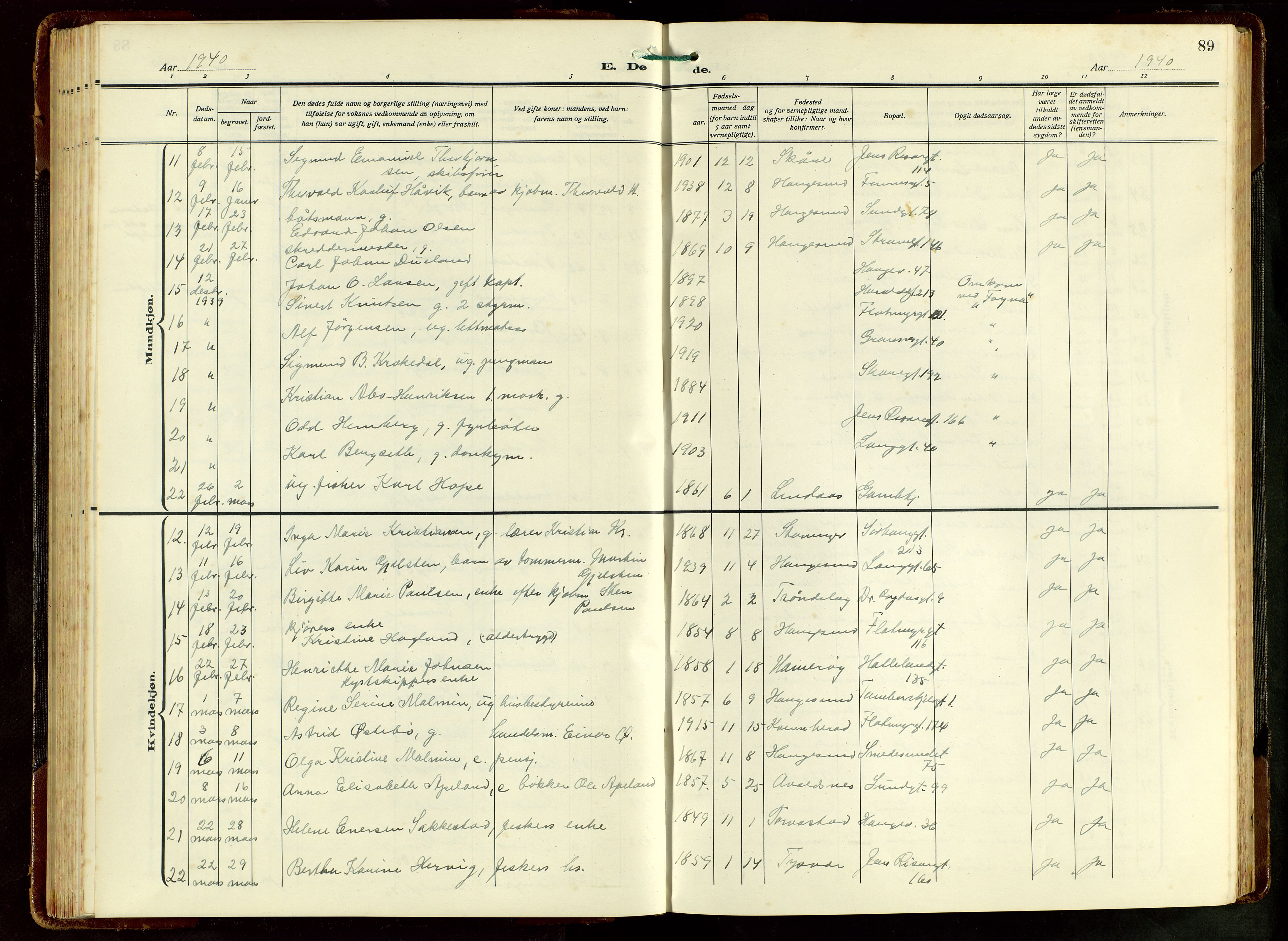 Haugesund sokneprestkontor, AV/SAST-A -101863/H/Ha/Hab/L0012: Klokkerbok nr. B 12, 1930-1958, s. 89