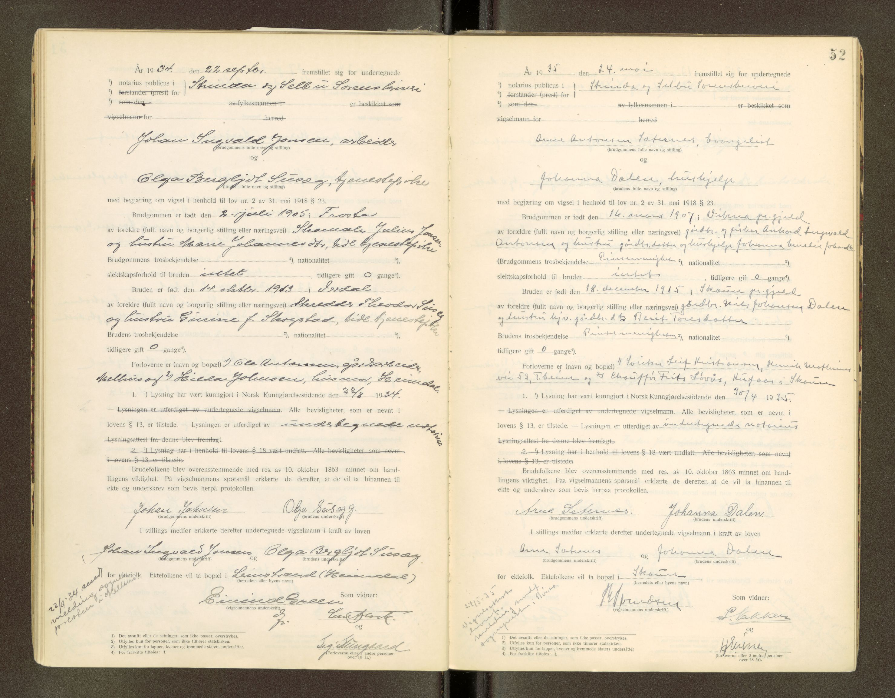Strinda og Selbu sorenskriveri, AV/SAT-A-0015/6/6D/L0003: Vigselsbok, 1920-1942, s. 52