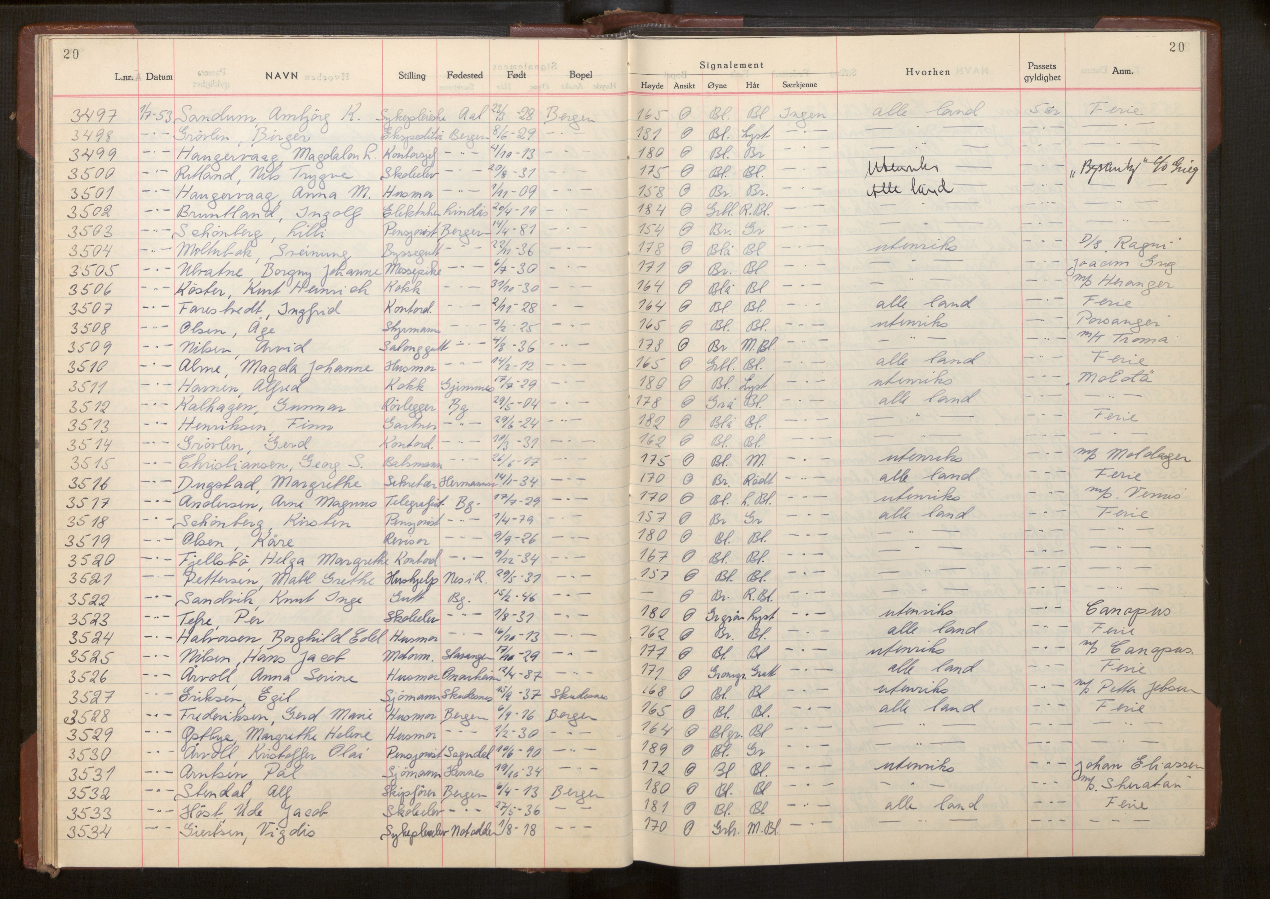 Bergen politikammer / politidistrikt, SAB/A-60401/L/La/Lab/L0020: Passprotokoll, 1953-1955