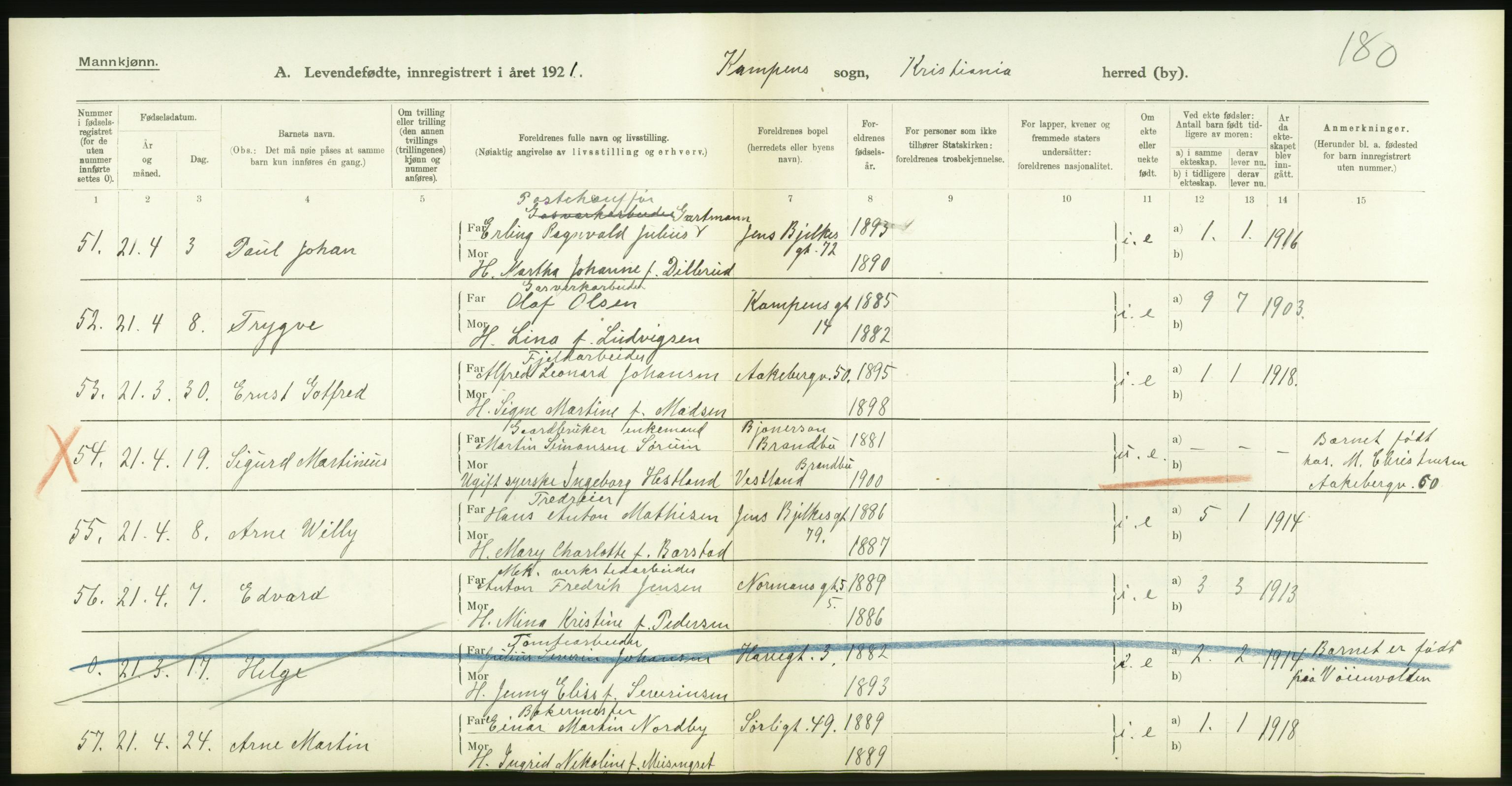 Statistisk sentralbyrå, Sosiodemografiske emner, Befolkning, RA/S-2228/D/Df/Dfc/Dfca/L0009: Kristiania: Levendefødte menn og kvinner., 1921, s. 94