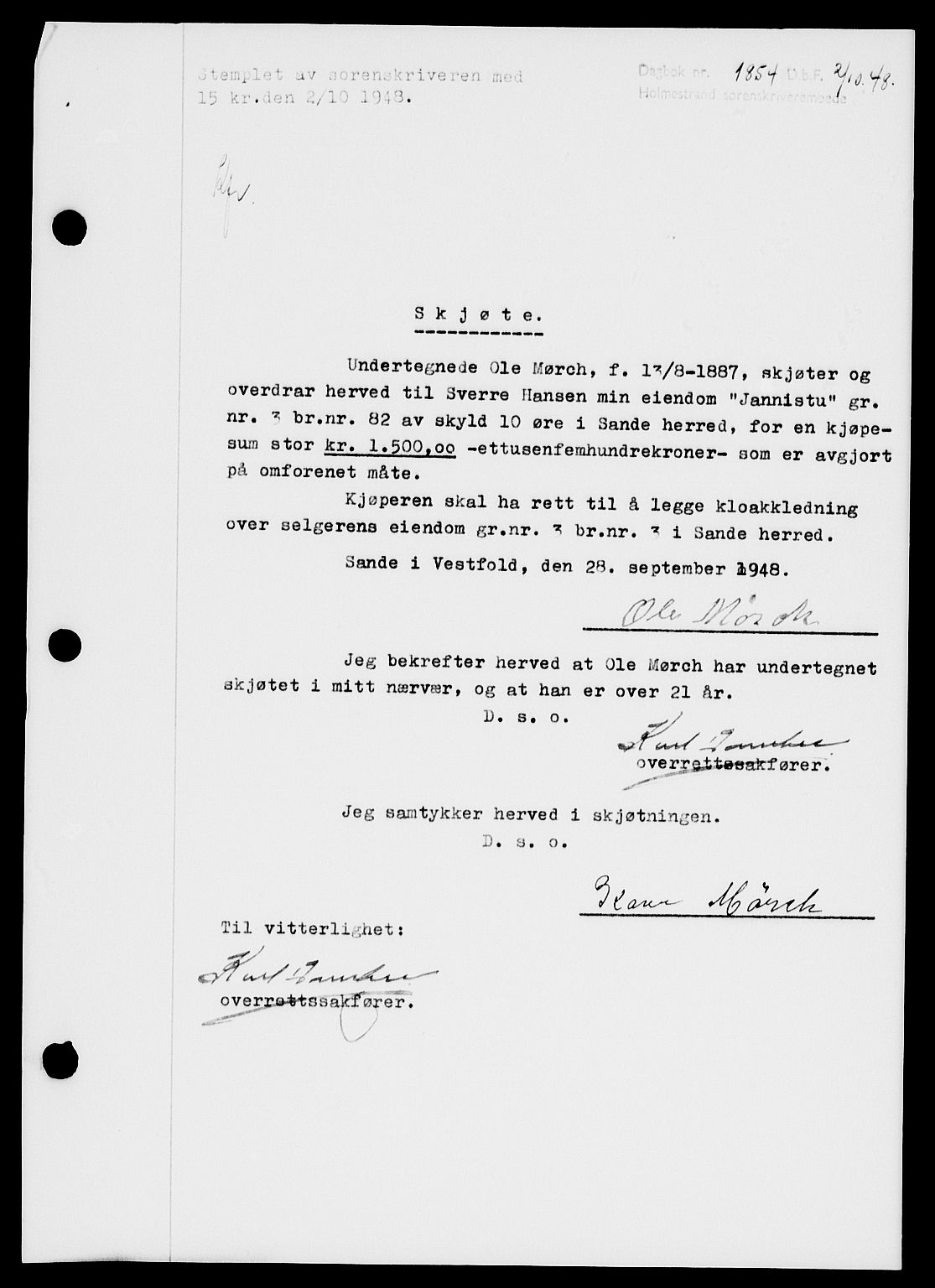 Holmestrand sorenskriveri, SAKO/A-67/G/Ga/Gaa/L0065: Pantebok nr. A-65, 1948-1949, Dagboknr: 1854/1948