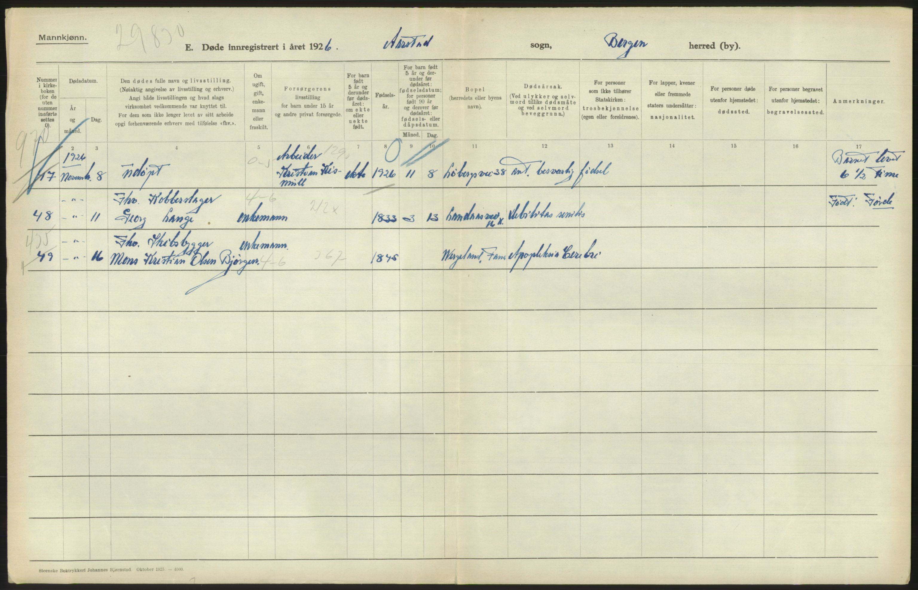 Statistisk sentralbyrå, Sosiodemografiske emner, Befolkning, RA/S-2228/D/Df/Dfc/Dfcf/L0028: Bergen: Gifte, døde, dødfødte., 1926, s. 750