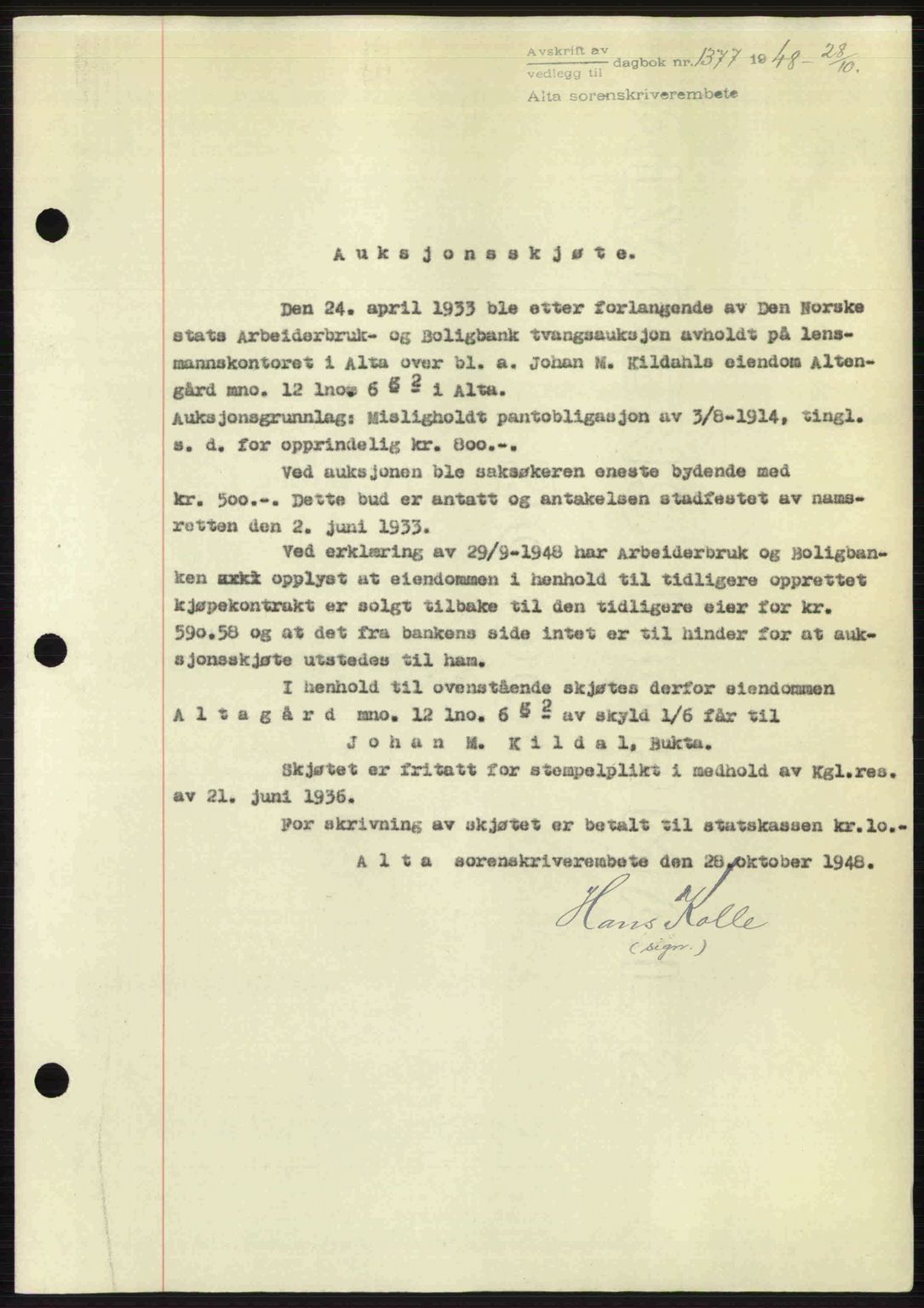 Alta fogderi/sorenskriveri, SATØ/SATØ-5/1/K/Kd/L0037pantebok: Pantebok nr. 39-40, 1948-1949, Dagboknr: 1377/1948