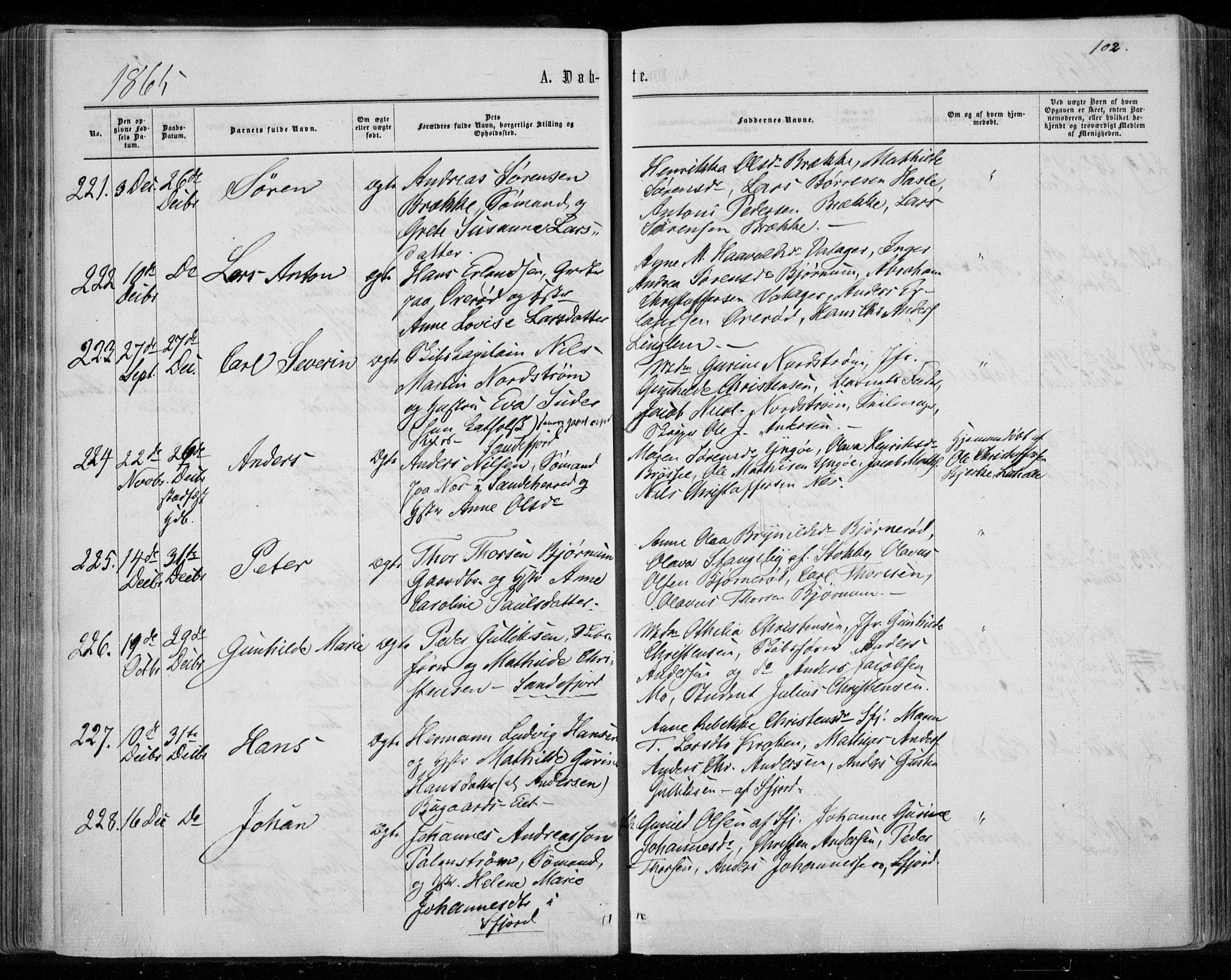 Sandar kirkebøker, AV/SAKO-A-243/F/Fa/L0008: Ministerialbok nr. 8, 1862-1871, s. 102