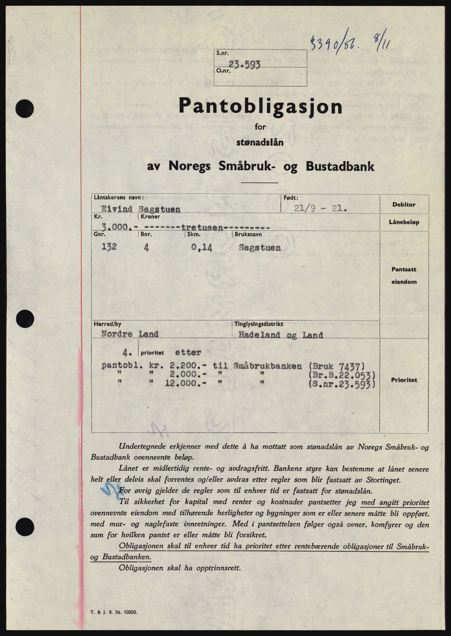 Hadeland og Land tingrett, SAH/TING-010/H/Hb/Hbc/L0035: Pantebok nr. B35, 1956-1957, Dagboknr: 3390/1956