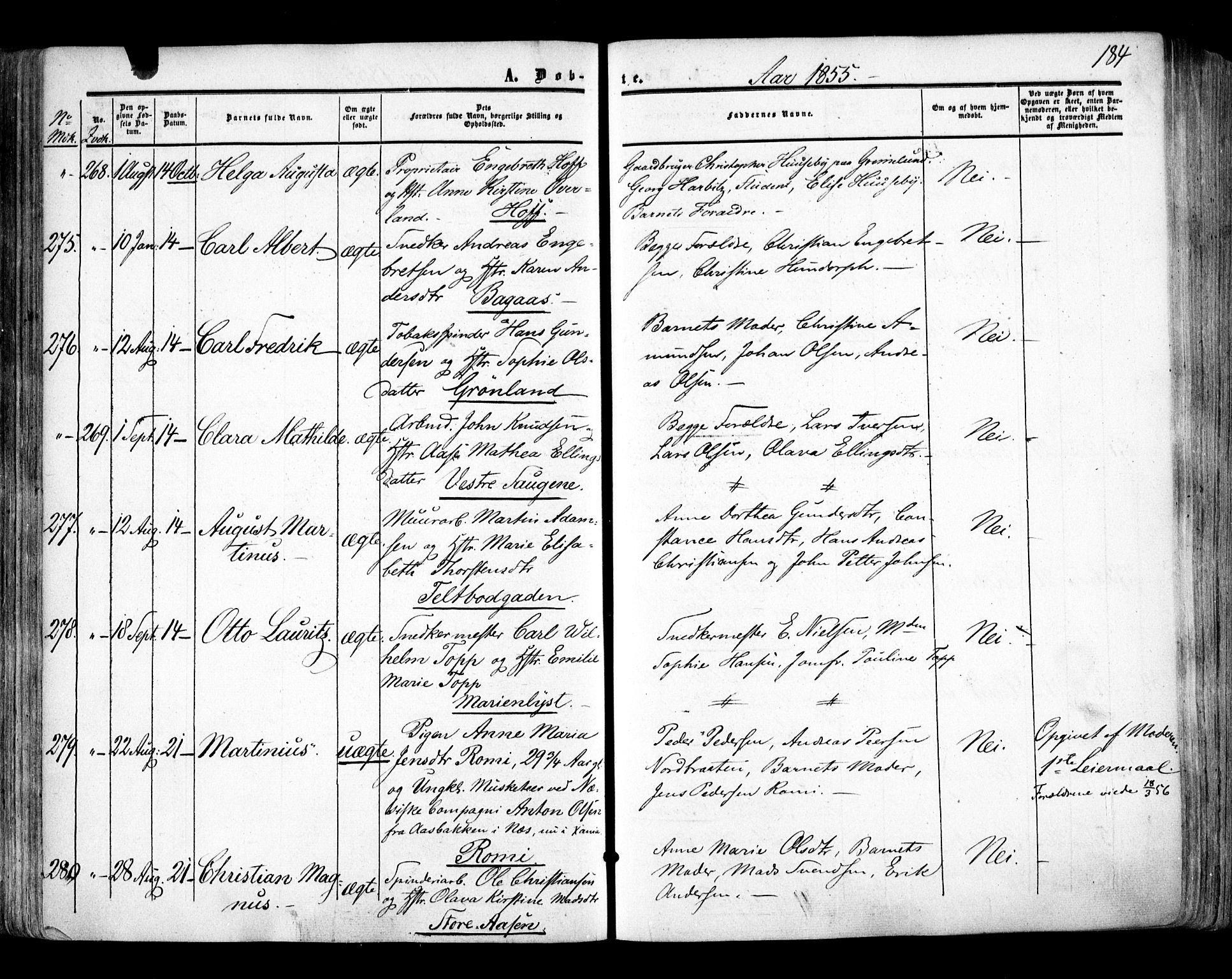 Aker prestekontor kirkebøker, AV/SAO-A-10861/F/L0020: Ministerialbok nr. 20, 1853-1857, s. 184
