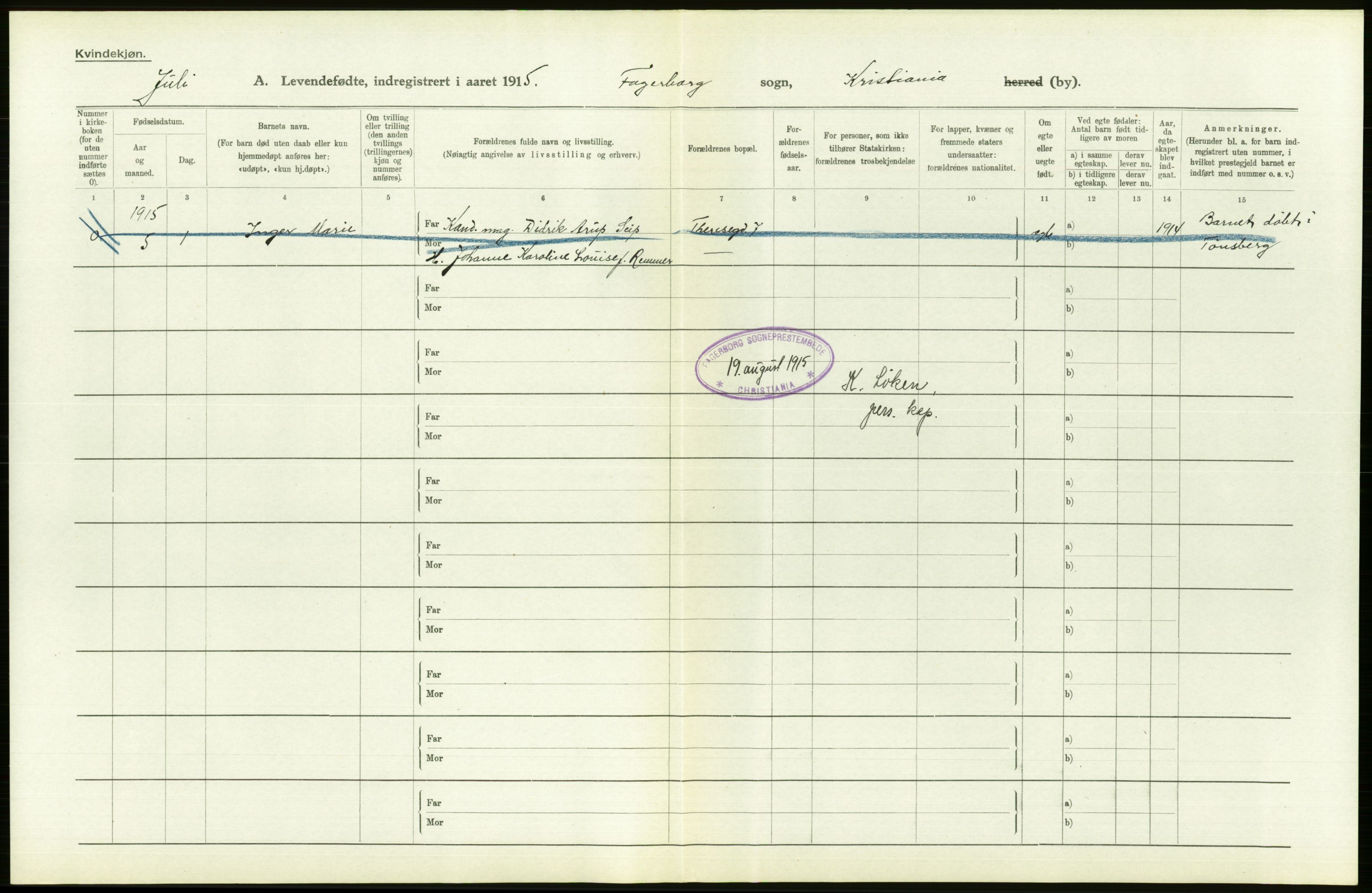 Statistisk sentralbyrå, Sosiodemografiske emner, Befolkning, AV/RA-S-2228/D/Df/Dfb/Dfbe/L0006: Kristiania: Levendefødte menn og kvinner., 1915, s. 550