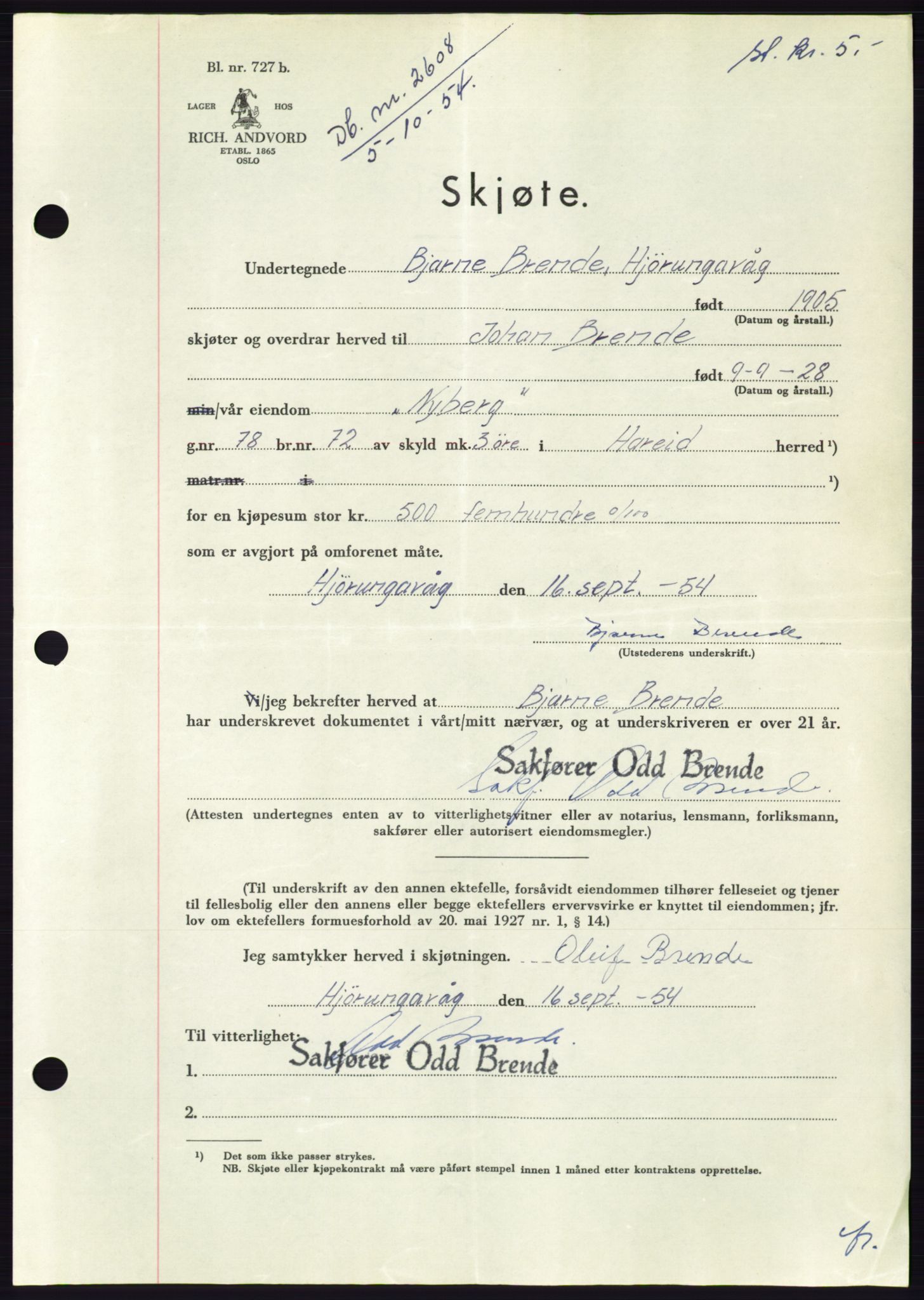 Søre Sunnmøre sorenskriveri, AV/SAT-A-4122/1/2/2C/L0099: Pantebok nr. 25A, 1954-1954, Dagboknr: 2608/1954