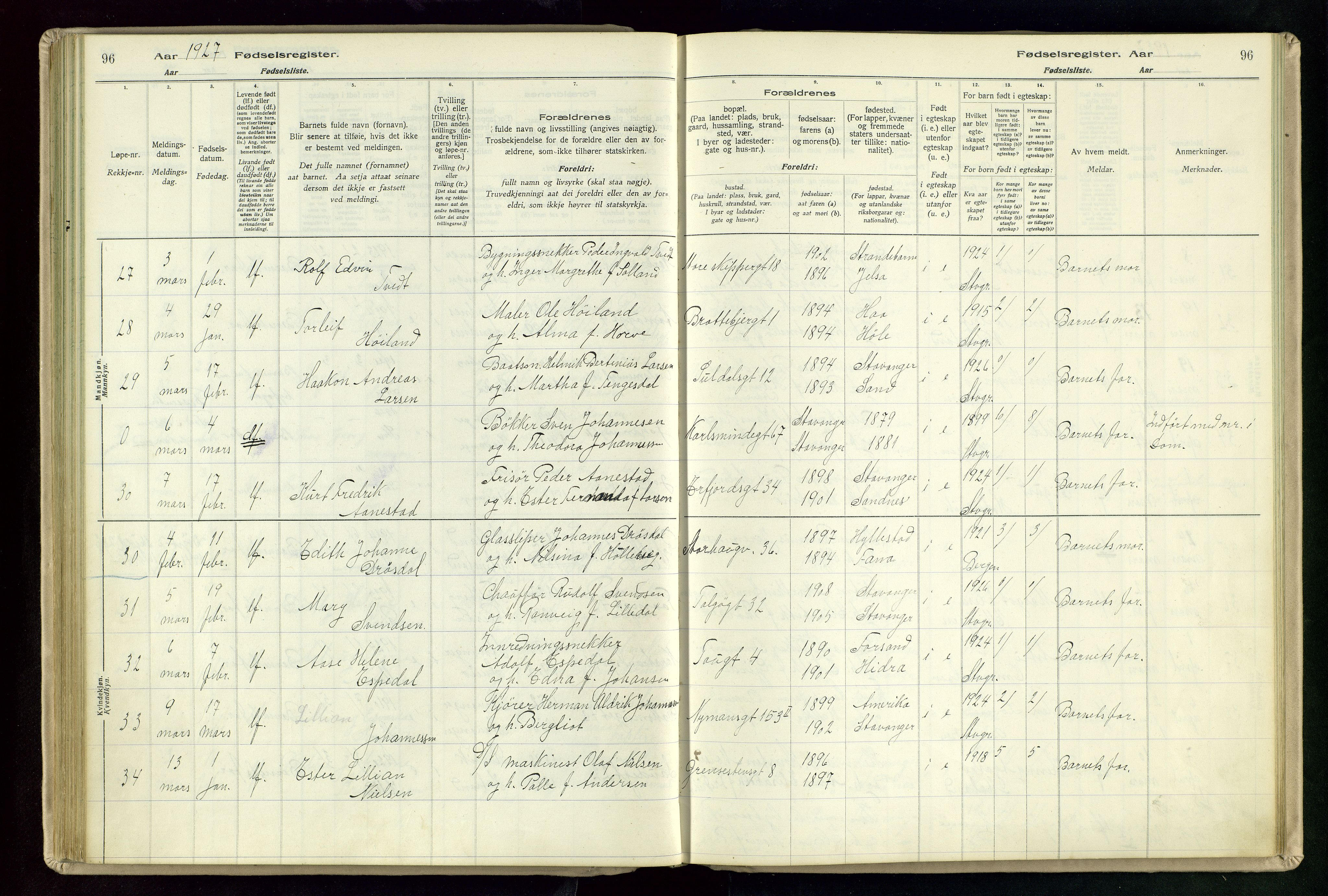 St. Johannes sokneprestkontor, AV/SAST-A-101814/002/A/L0003: Fødselsregister nr. 3, 1924-1930, s. 96