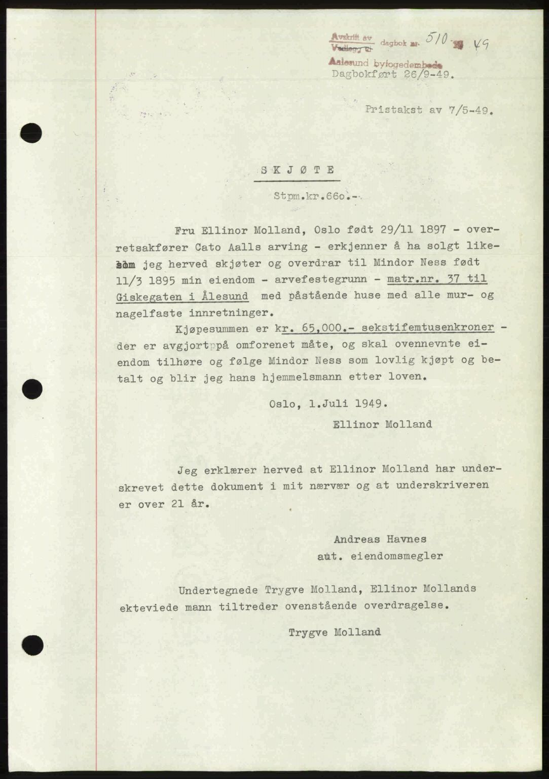 Ålesund byfogd, AV/SAT-A-4384: Pantebok nr. 37A (2), 1949-1950, Dagboknr: 510/1949