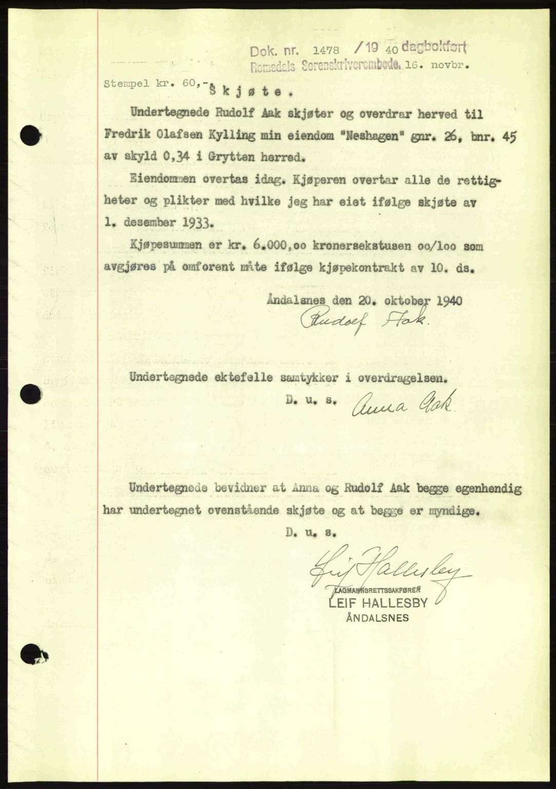 Romsdal sorenskriveri, SAT/A-4149/1/2/2C: Pantebok nr. A9, 1940-1941, Dagboknr: 1478/1940