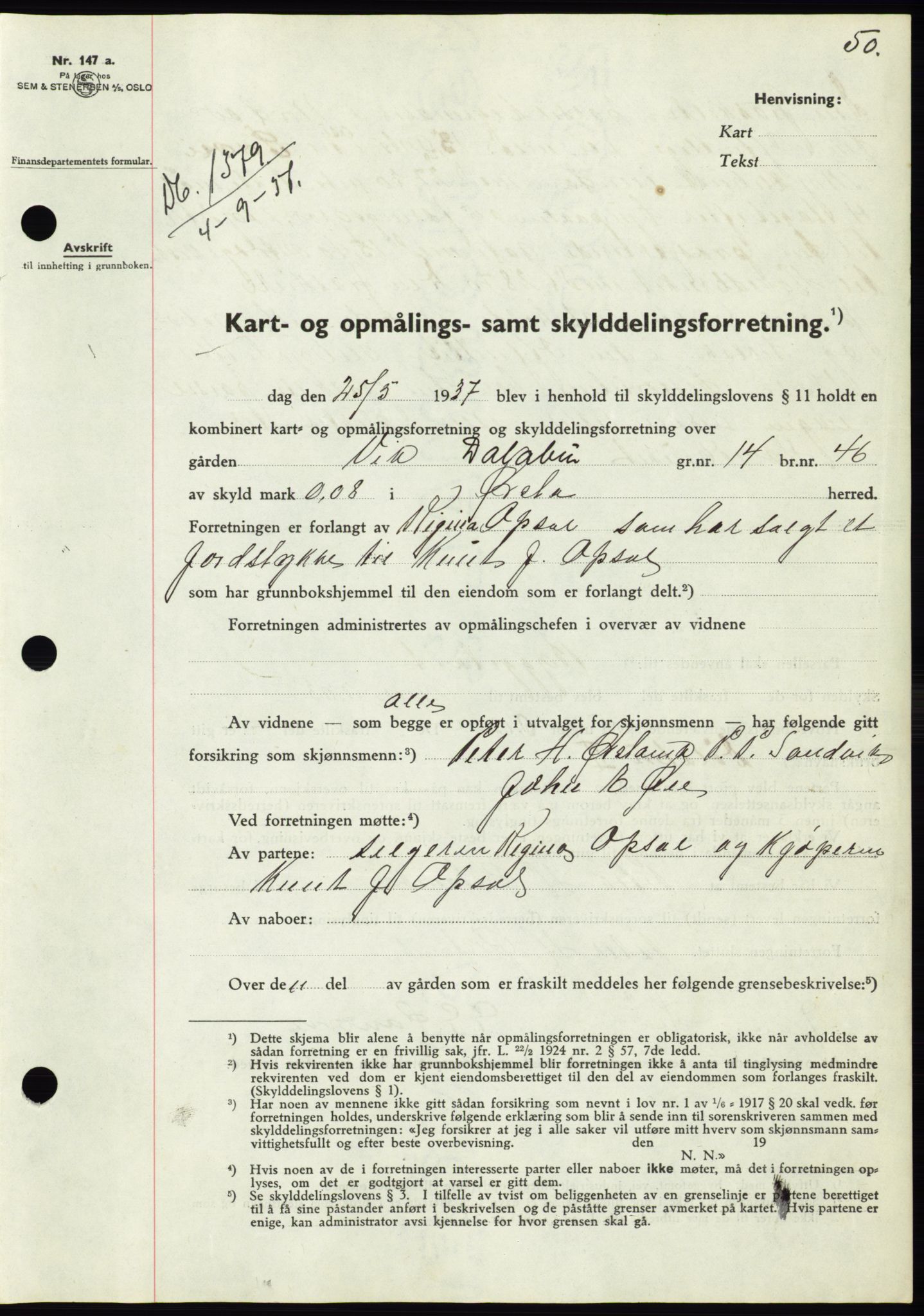 Søre Sunnmøre sorenskriveri, AV/SAT-A-4122/1/2/2C/L0064: Pantebok nr. 58, 1937-1938, Dagboknr: 1379/1937