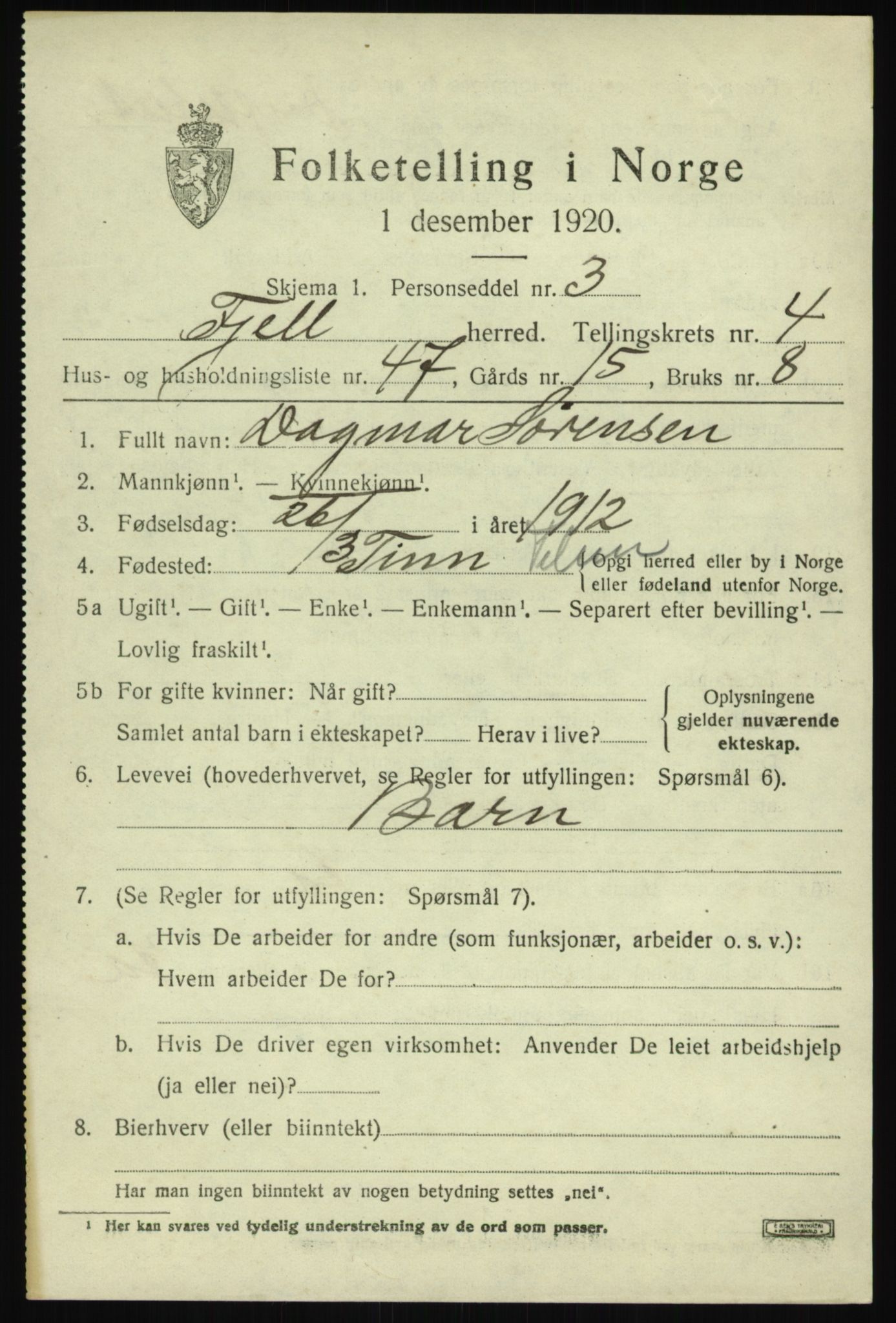 SAB, Folketelling 1920 for 1246 Fjell herred, 1920, s. 4328