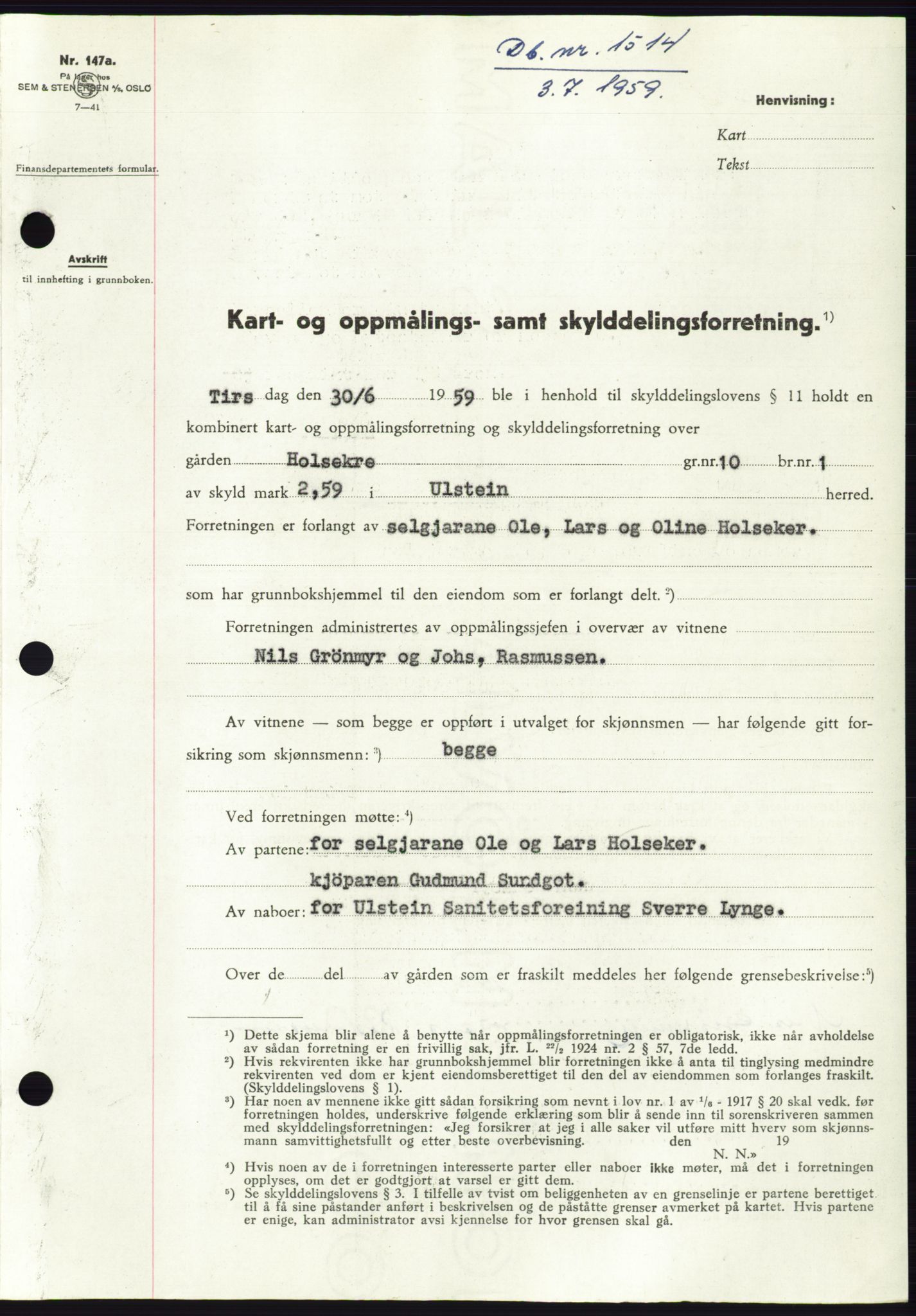 Søre Sunnmøre sorenskriveri, AV/SAT-A-4122/1/2/2C/L0113: Pantebok nr. 39A, 1959-1959, Dagboknr: 1514/1959