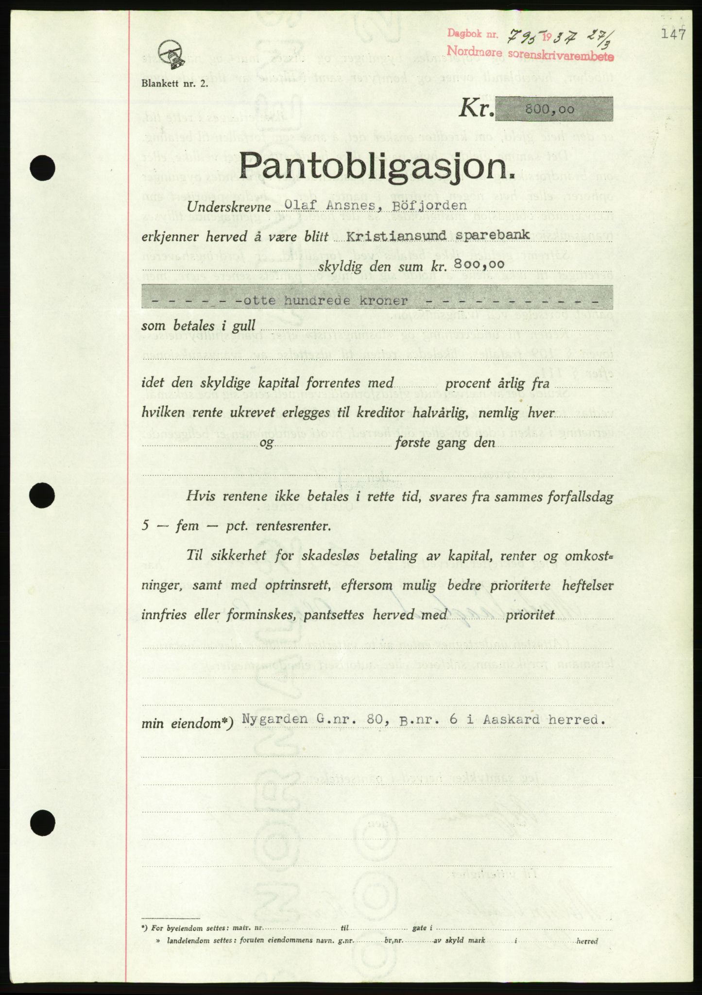 Nordmøre sorenskriveri, AV/SAT-A-4132/1/2/2Ca/L0091: Pantebok nr. B81, 1937-1937, Dagboknr: 795/1937