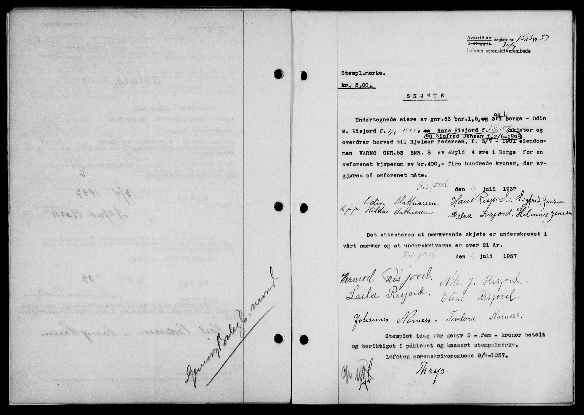 Lofoten sorenskriveri, SAT/A-0017/1/2/2C/L0002a: Pantebok nr. 2a, 1937-1937, Dagboknr: 1525/1937